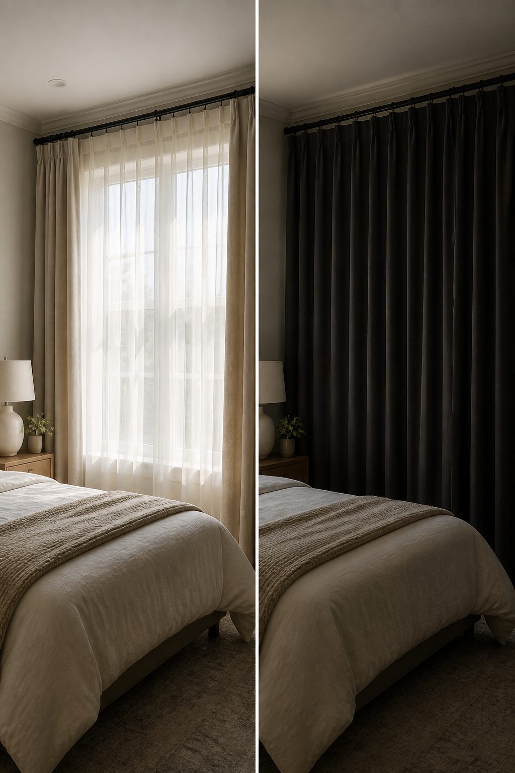 Bedroom Window Curtains: Blackout, Sheer, Linen, Velvet, Patterned & Blinds 9 Different curtain layers displayed for light management in a bedroom.