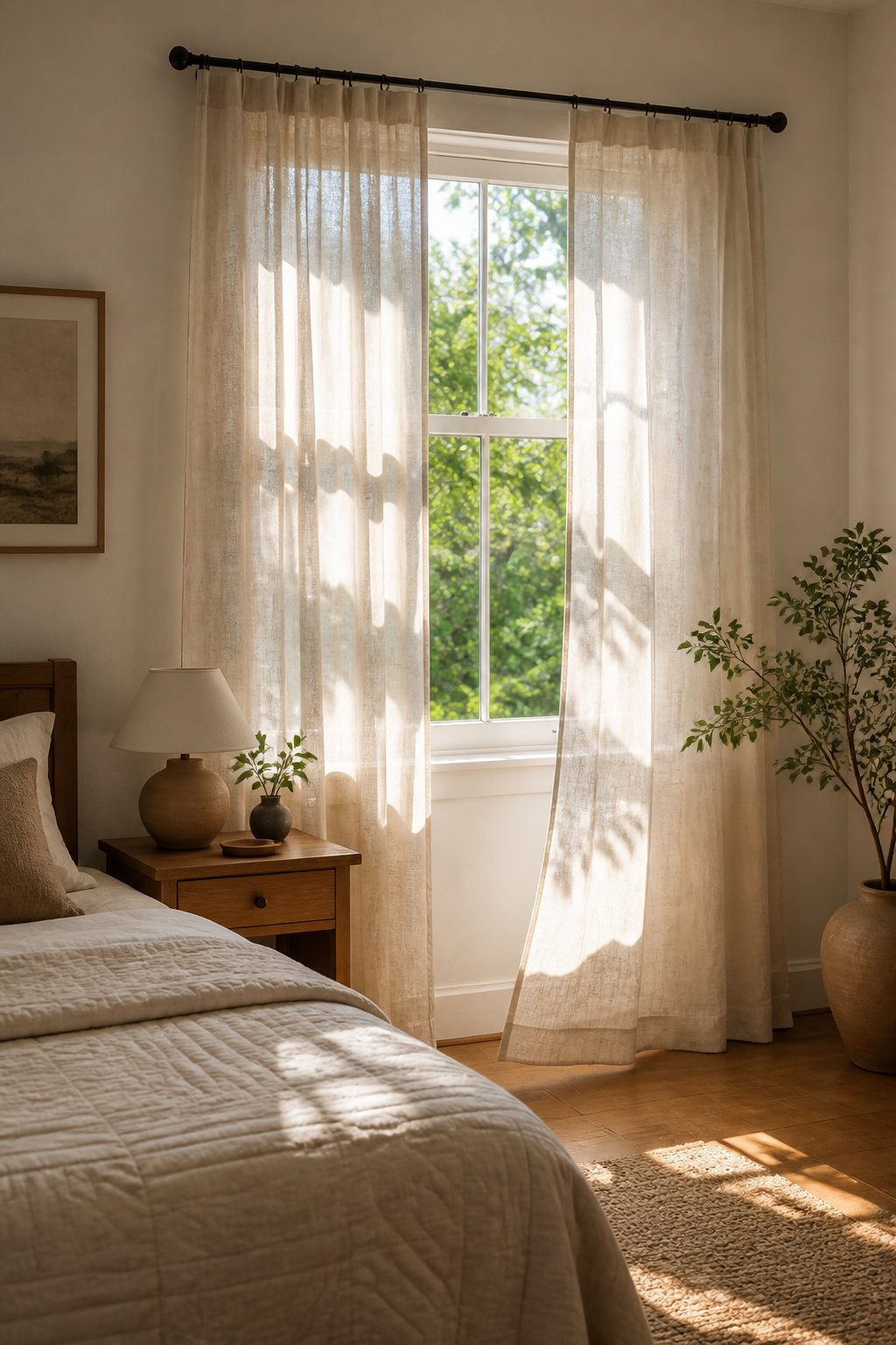 Bedroom Window Curtains: Blackout, Sheer, Linen, Velvet, Patterned & Blinds 3 Casual linen curtains hanging at a window with sunlight filtering through.