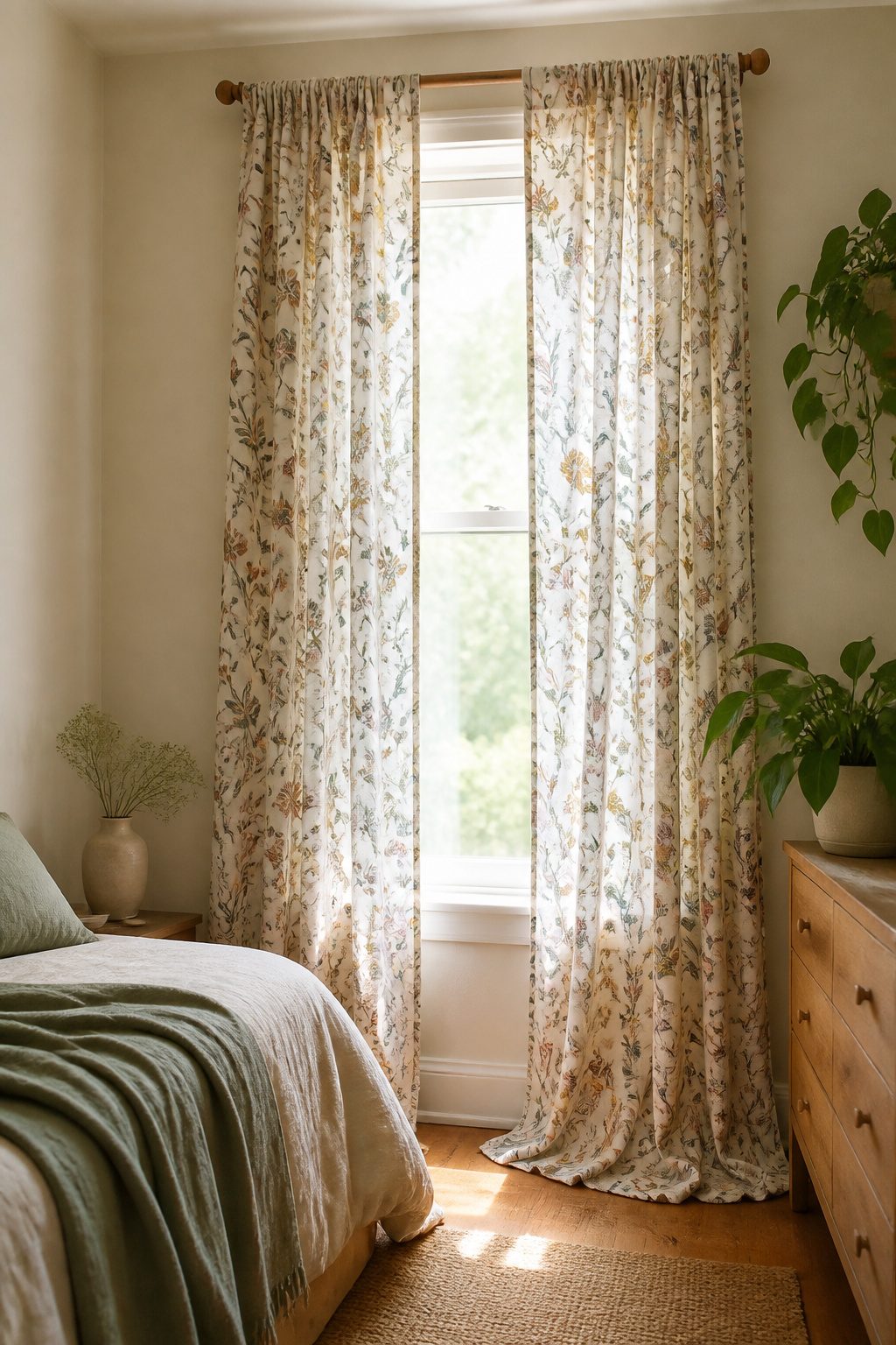 Bedroom Window Curtains: Blackout, Sheer, Linen, Velvet, Patterned & Blinds 5 Colorful patterned curtains brightening a neutral bedroom.