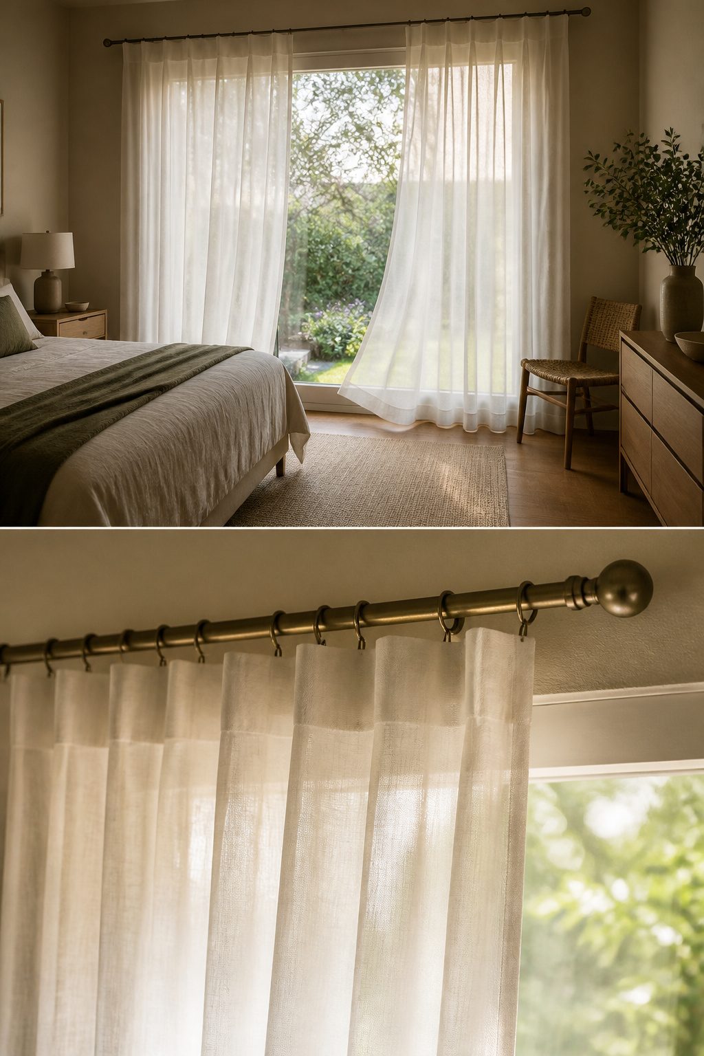 Bedroom Window Curtains: Blackout, Sheer, Linen, Velvet, Patterned & Blinds 2 Light sheer curtains gently blowing in a window.