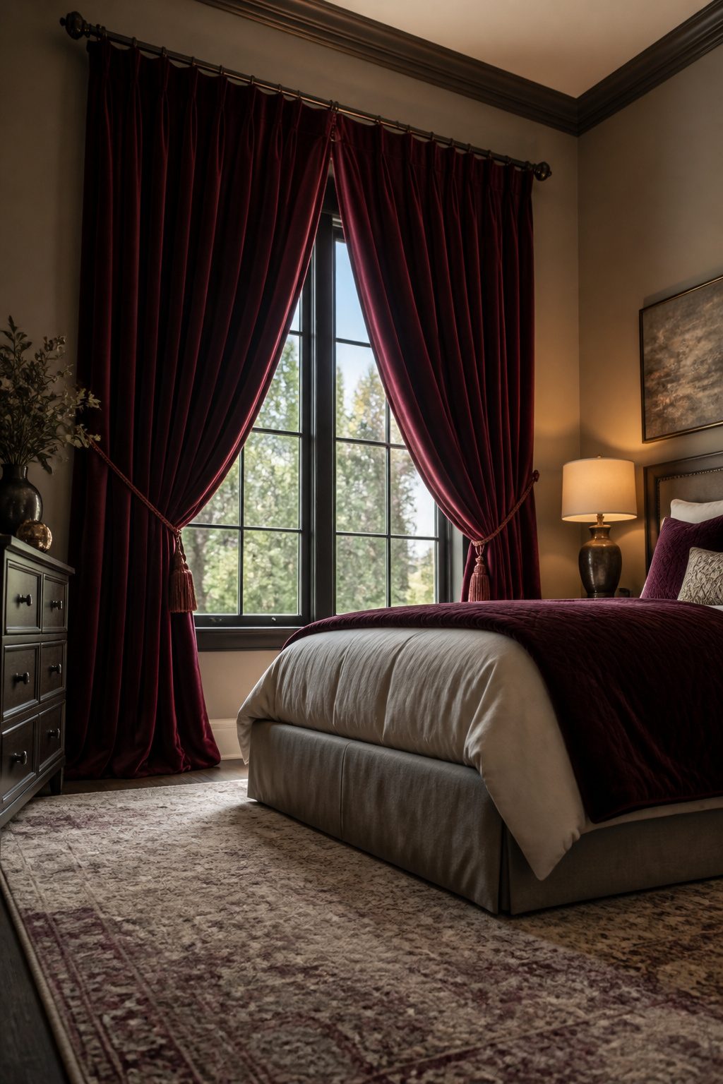 Bedroom Window Curtains: Blackout, Sheer, Linen, Velvet, Patterned & Blinds 4 Luxurious velvet curtains draping elegantly in a bedroom.