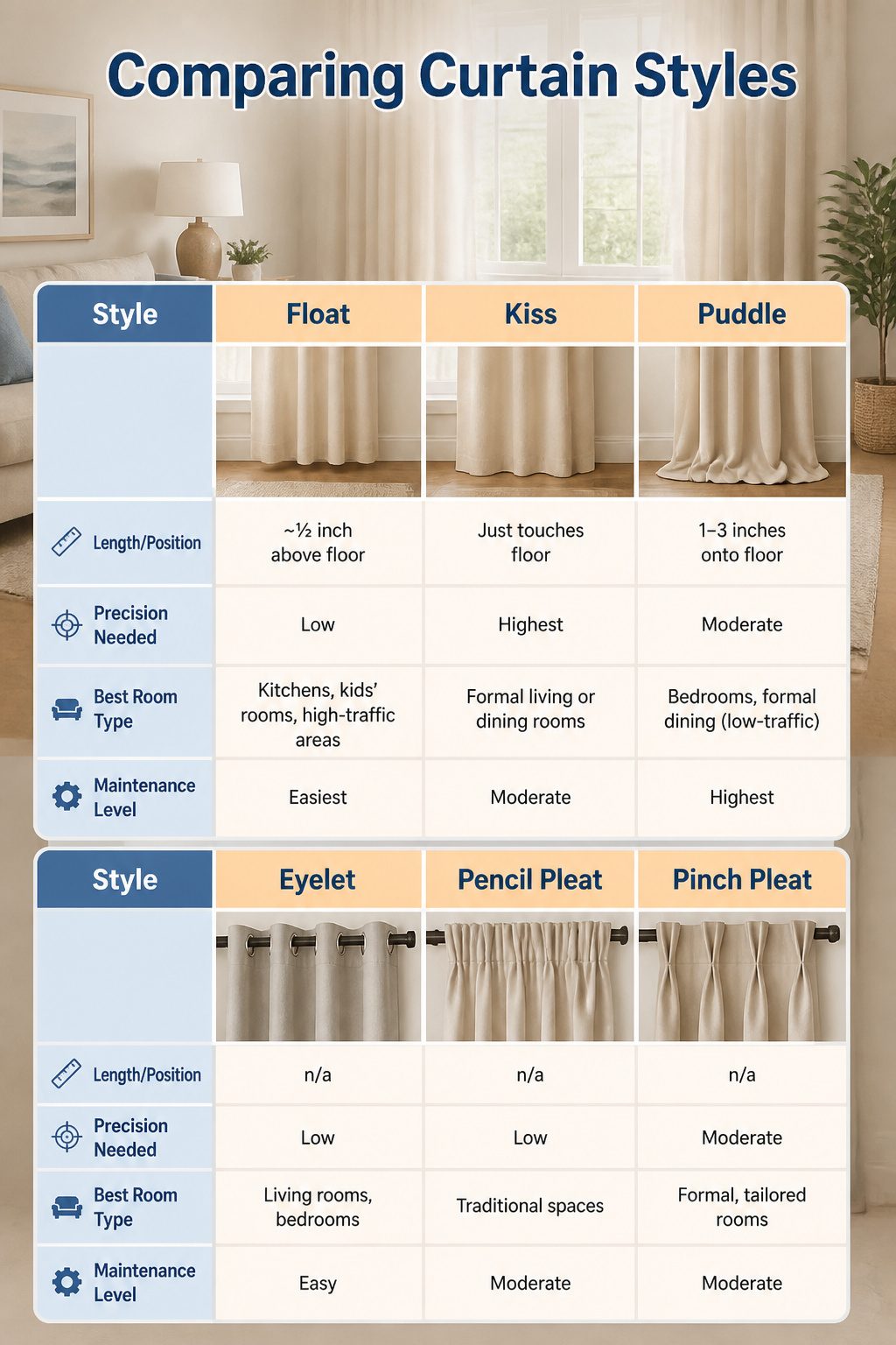 Table comparing various curtain styles and lengths.