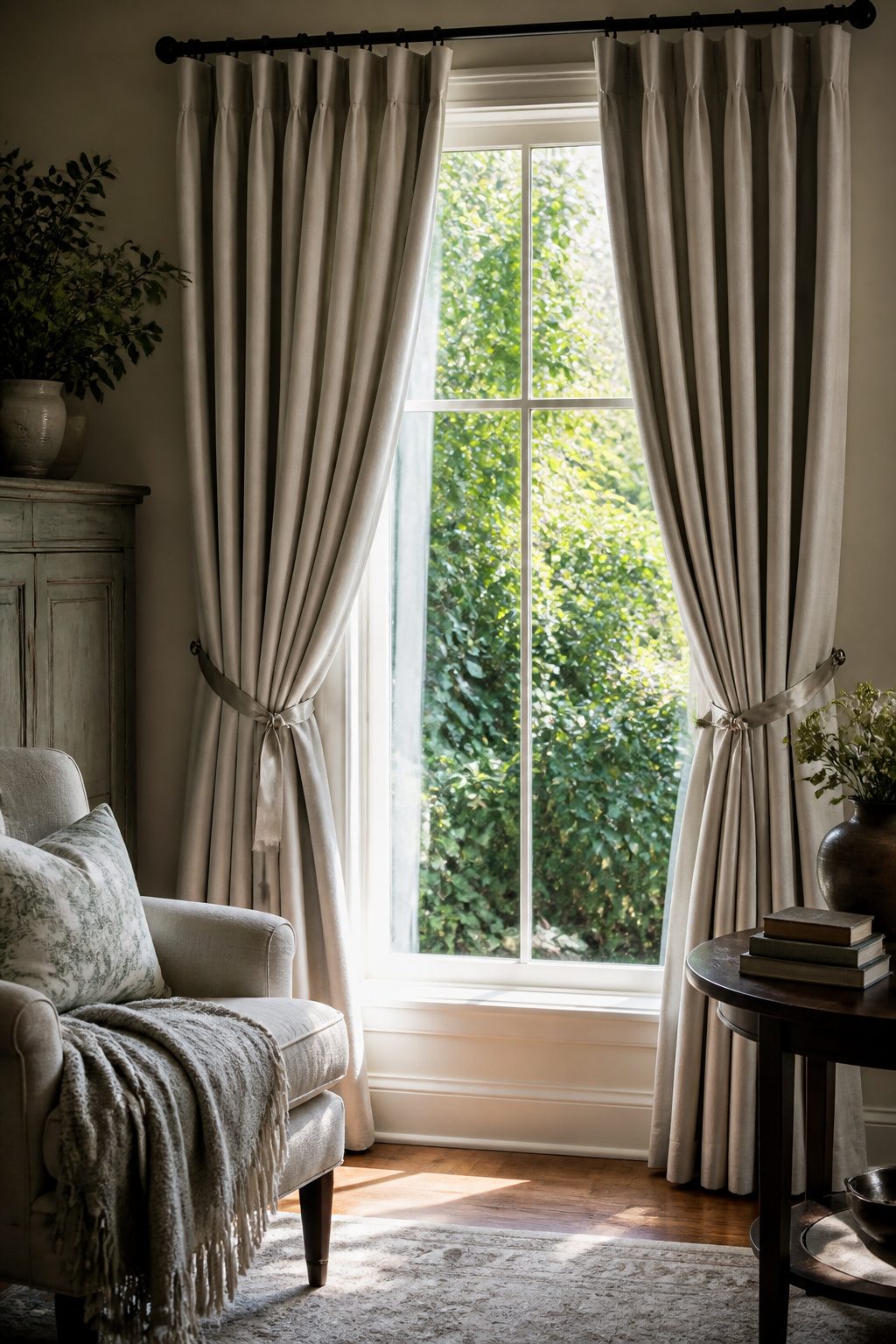 Well-styled curtains with ribbon ties and natural light.