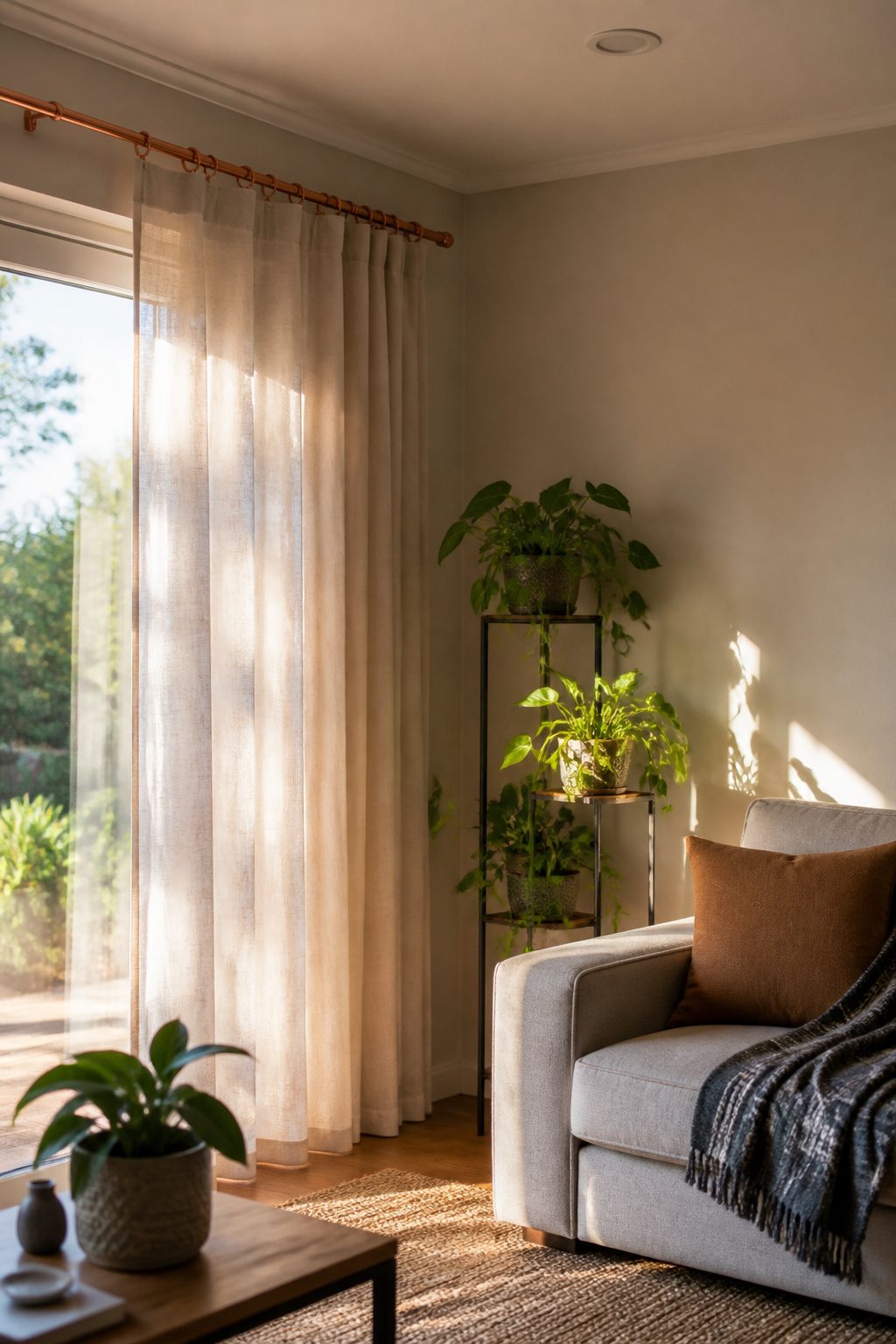 A copper pipe curtain rod with linen curtains in a contemporary room.