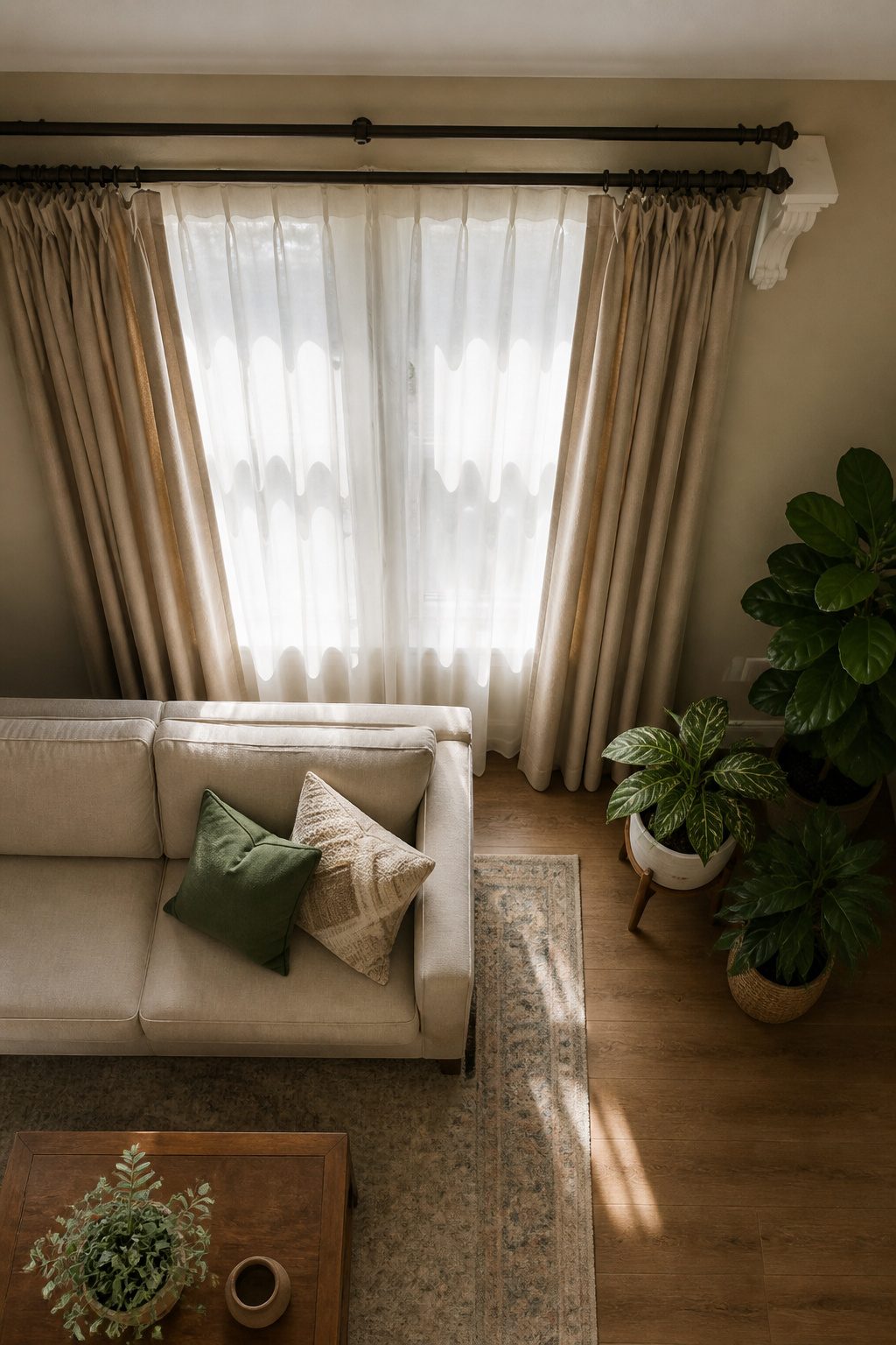 Two curtain rods with sheer and heavier drapes in a window.