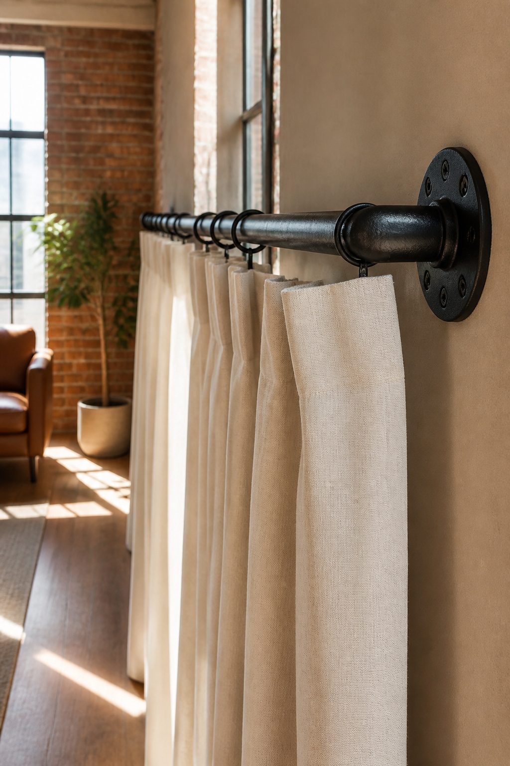 A black iron pipe curtain rod with linen curtains against pale walls.