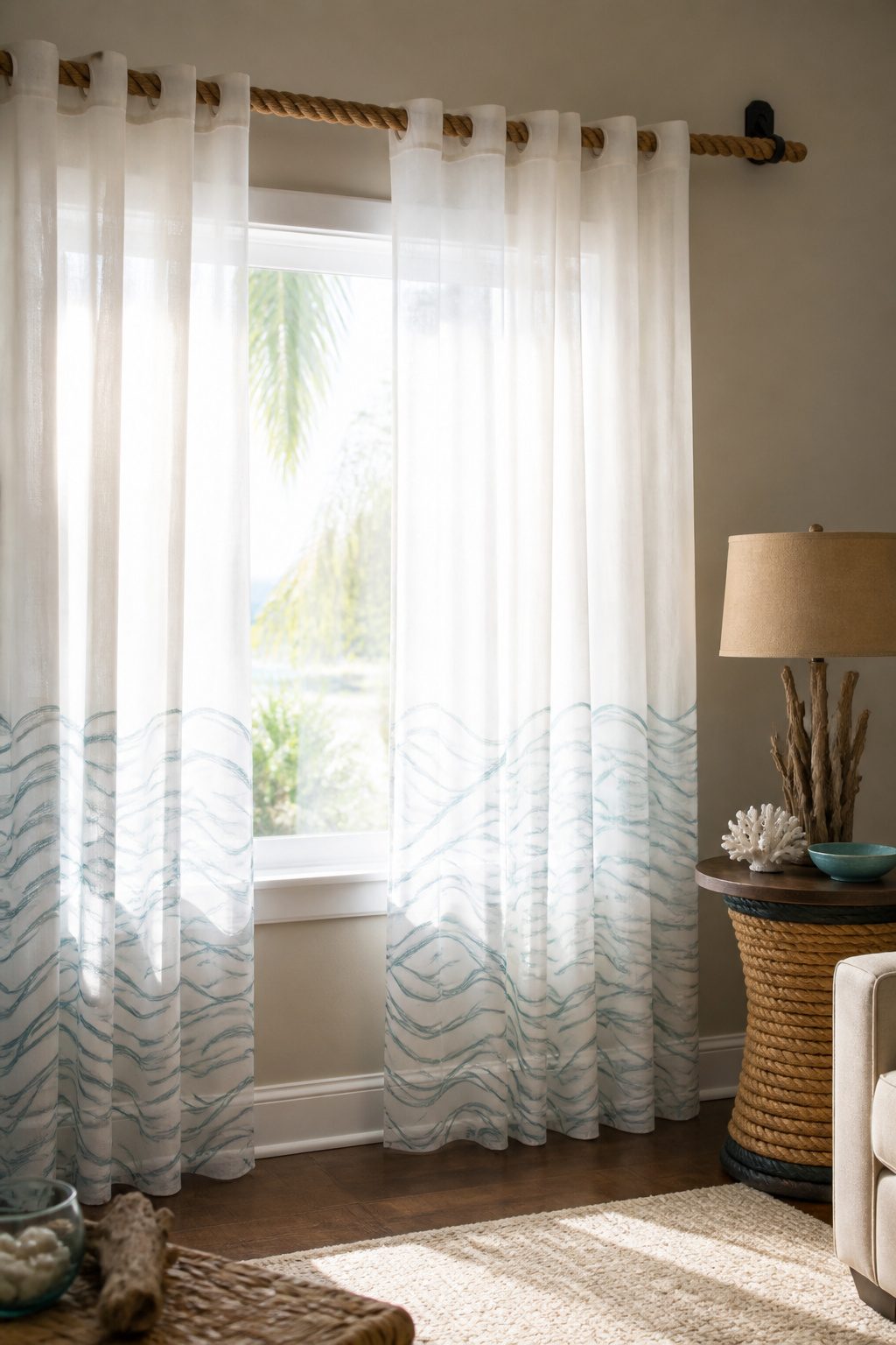 A thick rope used as a curtain rod with light curtains.