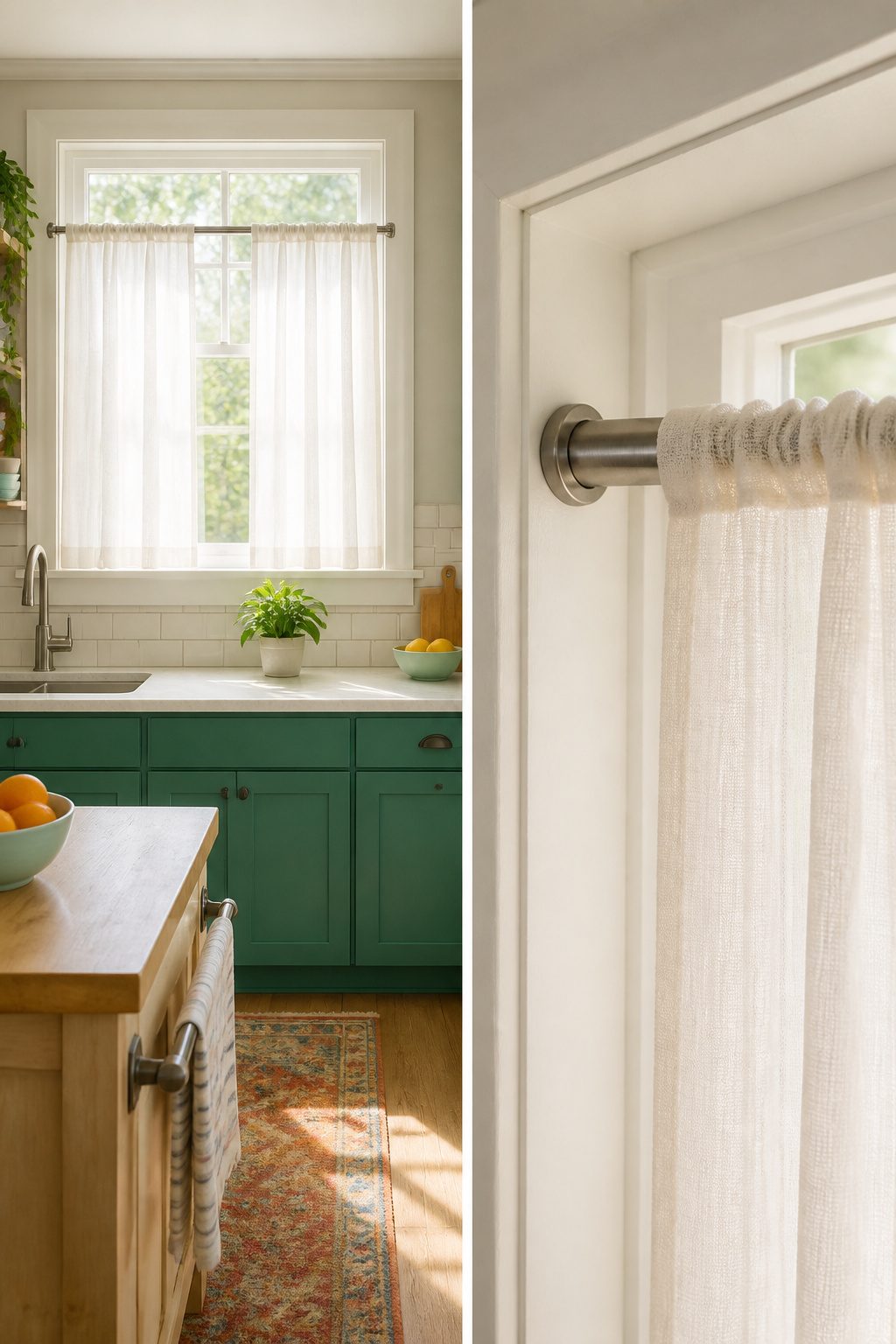 A tension rod holding lightweight curtains inside a window frame.