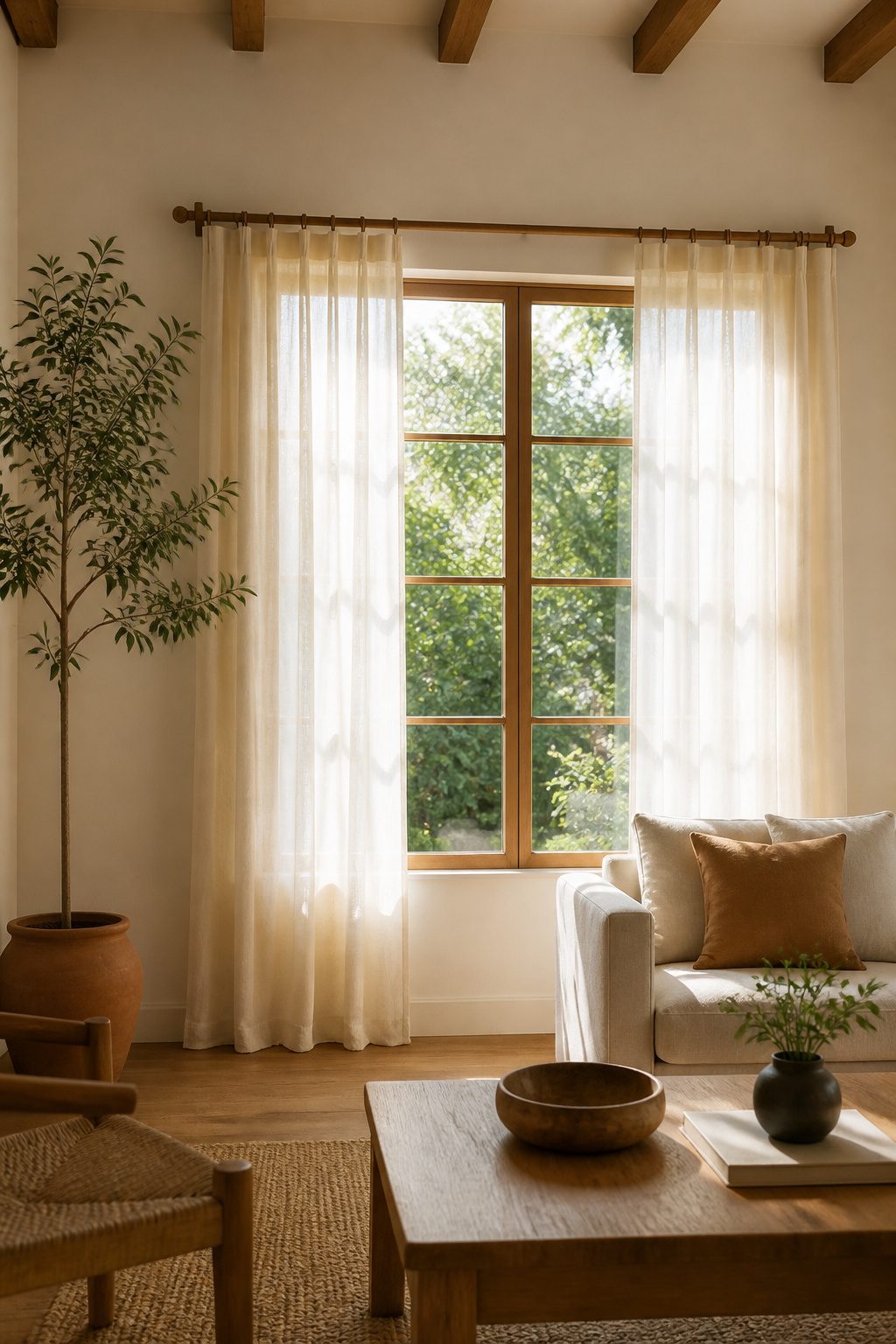 A hardwood dowel curtain rod with cream curtains in a large window.