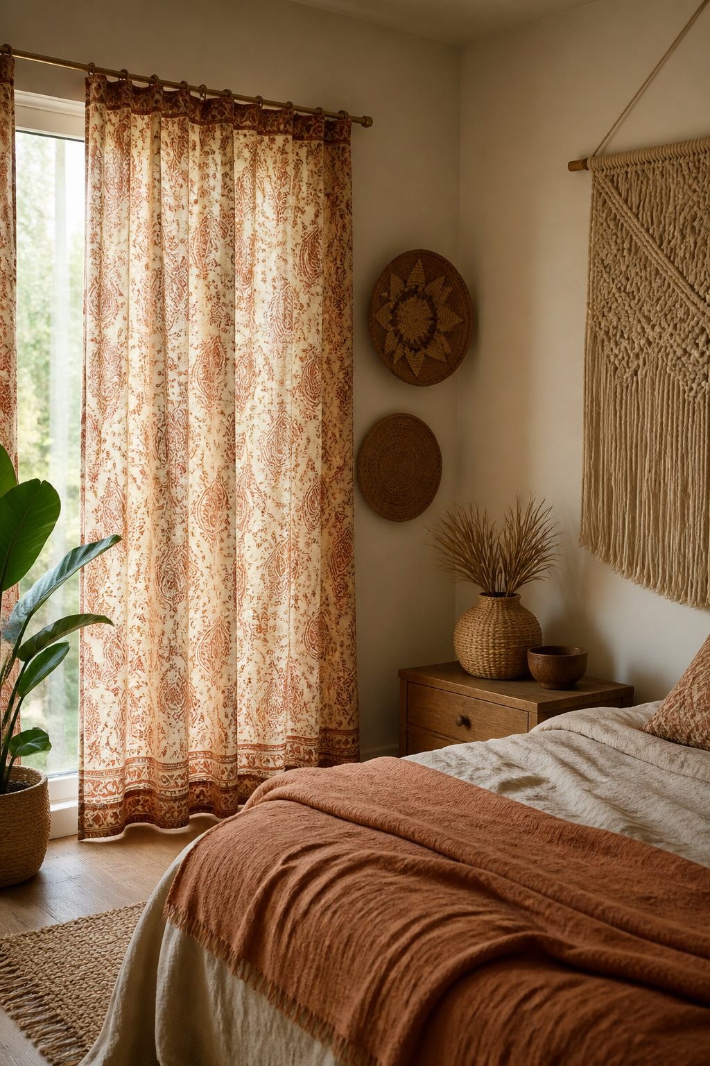 Block printed curtains with paisley designs hanging from a window.