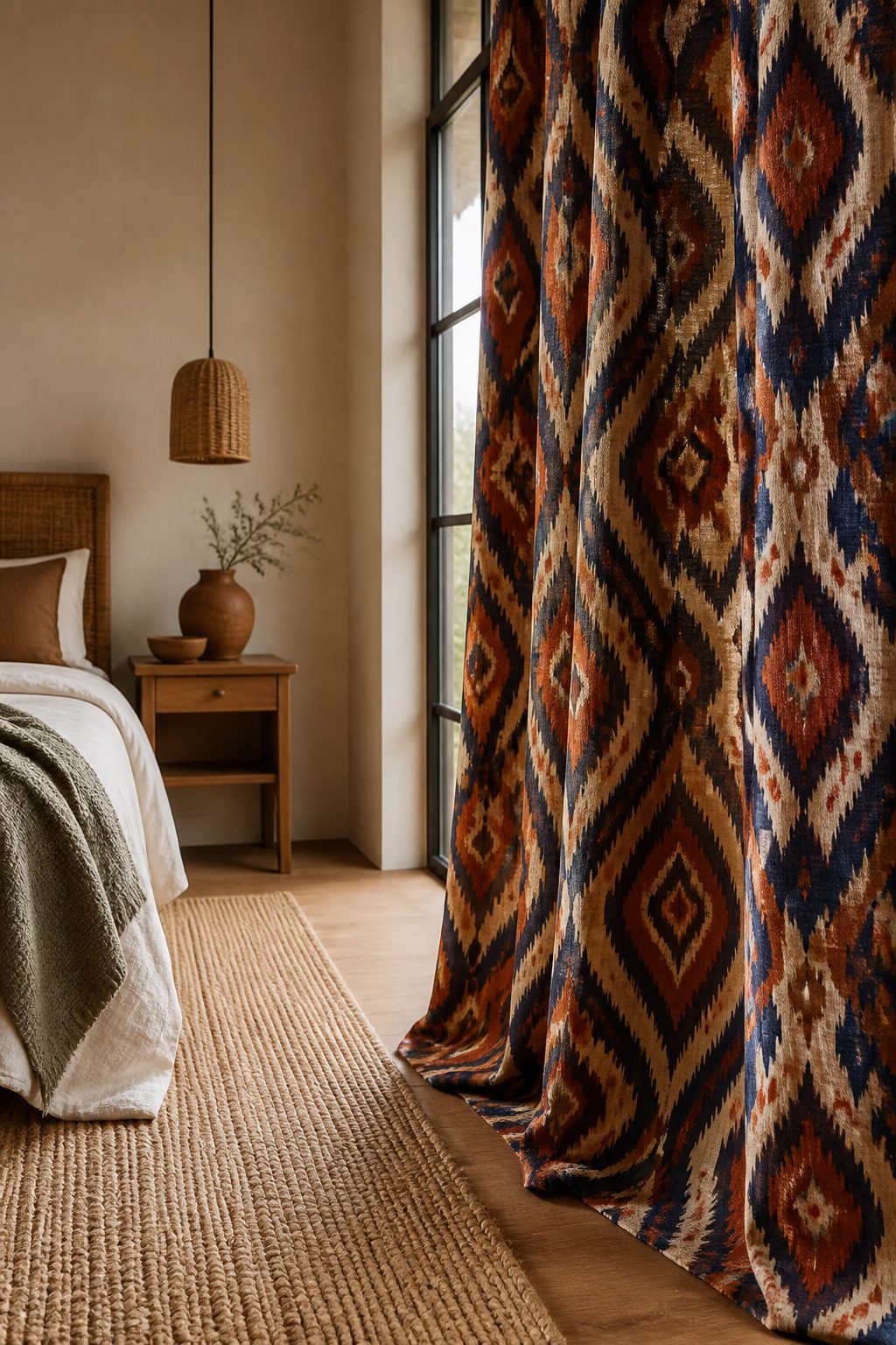 Large-scale patterned curtains hanging at a window in a bedroom.