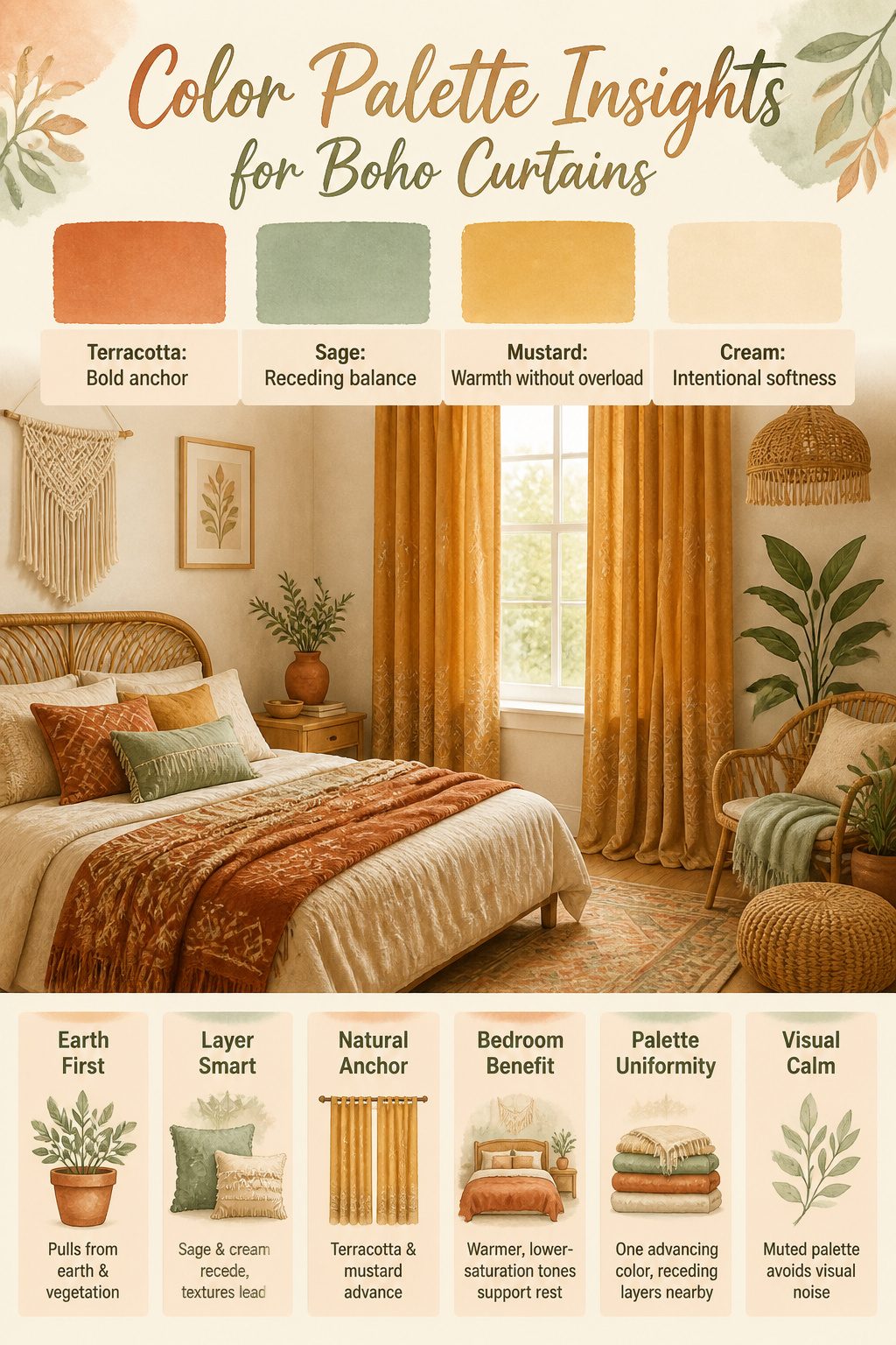 Curtains in terracotta, sage green, mustard, and cream colors.
