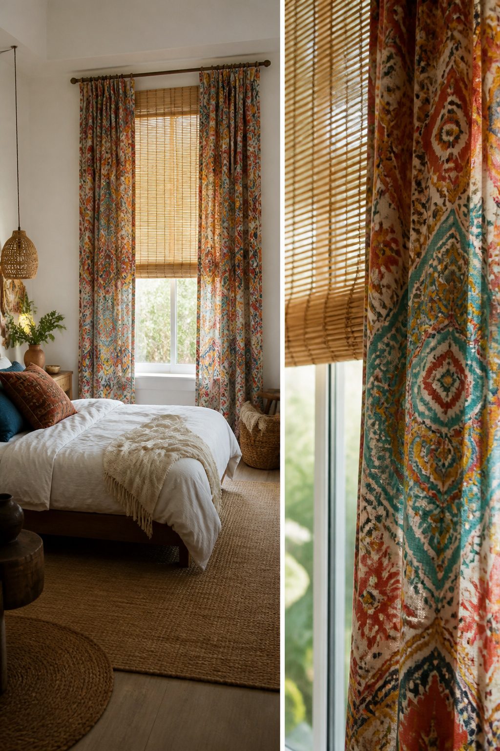 Bamboo shades and patterned cotton curtains at a window.