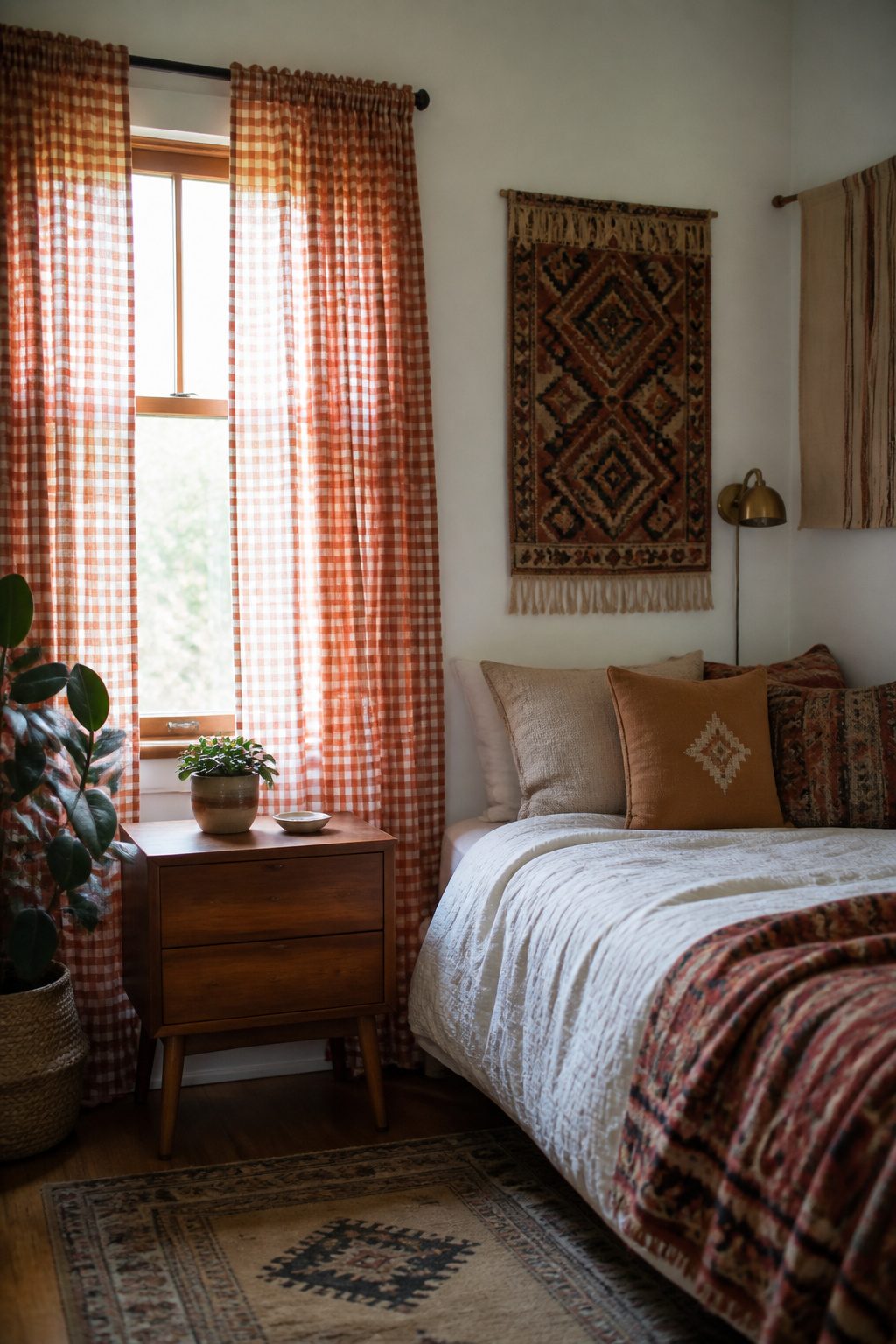 Gingham curtains in a faded rust color draped at a window.