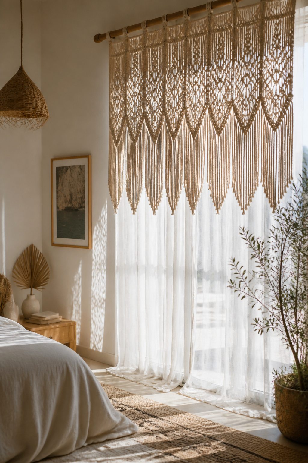 Intricate macrame curtain hanging above a sheer curtain at a window.
