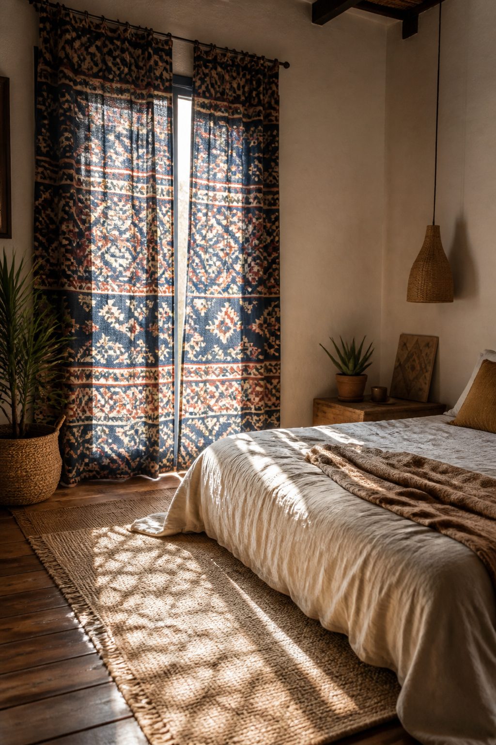 Boldly patterned Moroccan curtains hanging from a window.