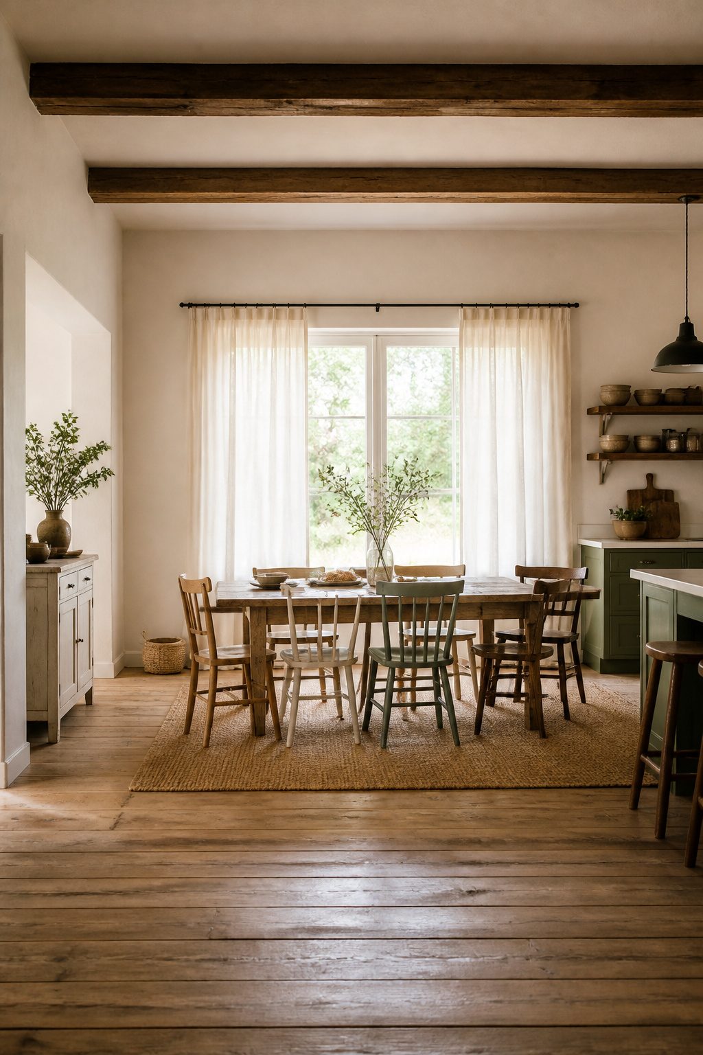 6 Dining Room Curtain Types for Every Occasion (2026) 3 Casual dining room with light-filtering linen and sheer curtains.