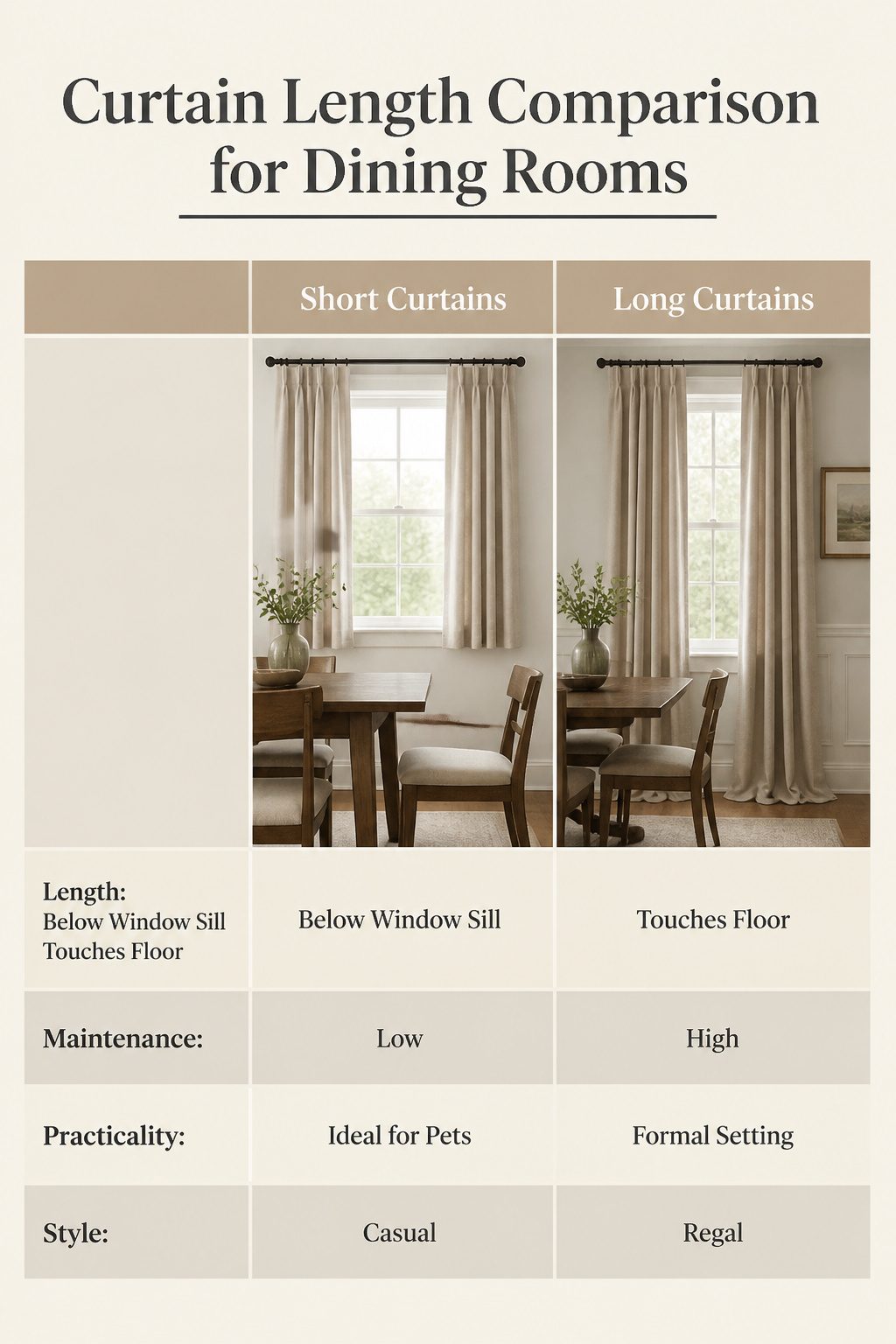 6 Dining Room Curtain Types for Every Occasion (2026) 8 Comparison of short and long curtain lengths for dining rooms.