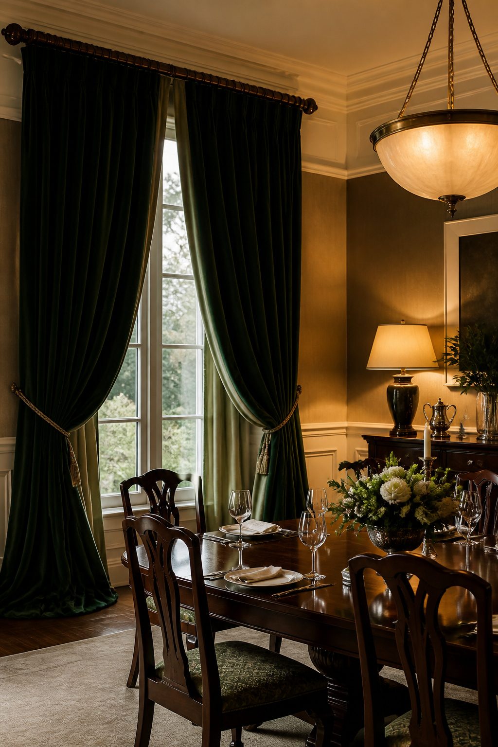 6 Dining Room Curtain Types for Every Occasion (2026) 1 Formal dining room with tall windows framed by velvet curtains.