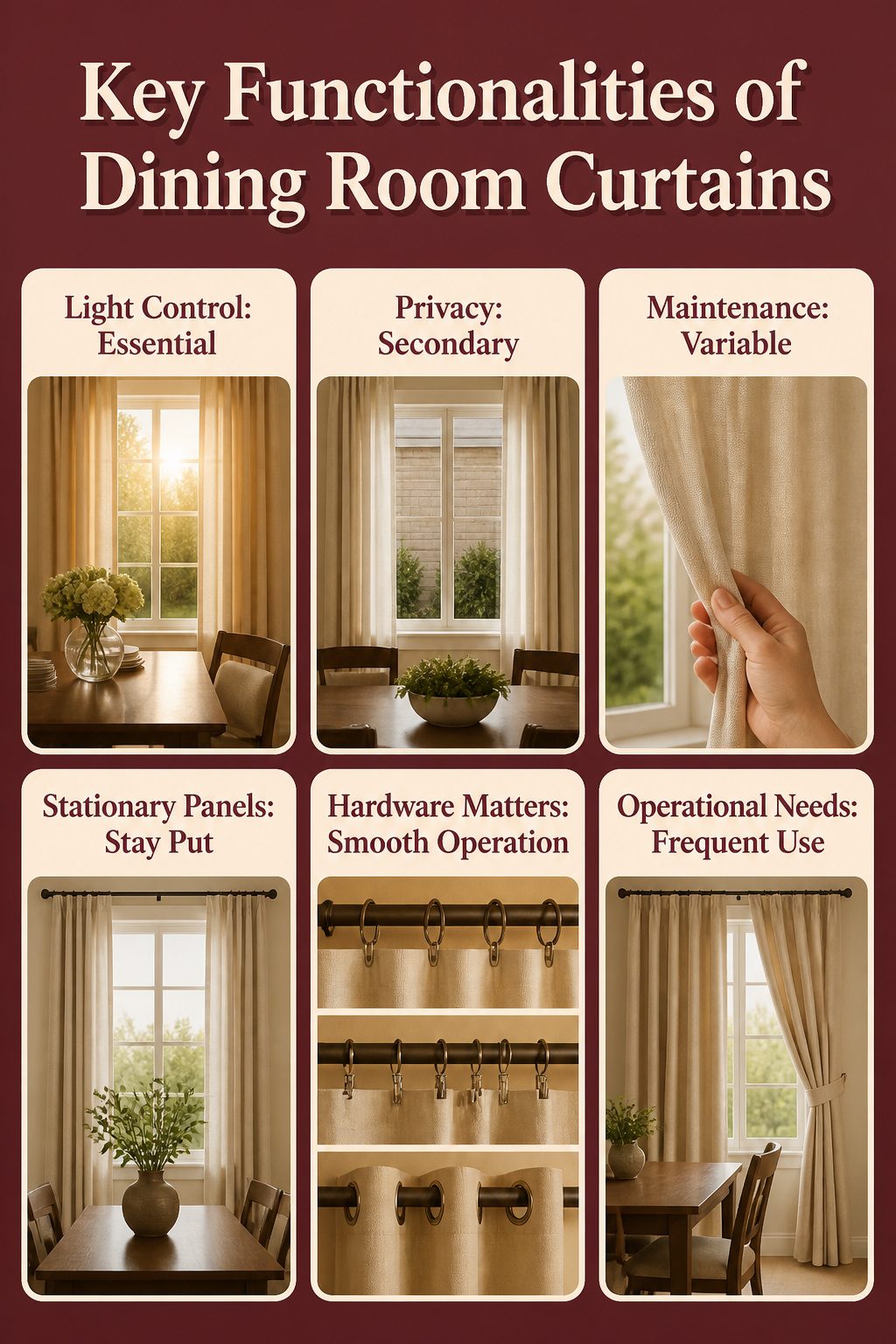 6 Dining Room Curtain Types for Every Occasion (2026) 10 Key functionalities of dining room curtains displayed in an image.