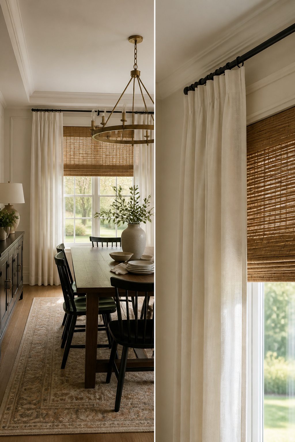 6 Dining Room Curtain Types for Every Occasion (2026) 6 Dining room showcasing layered shades beneath decorative curtains.