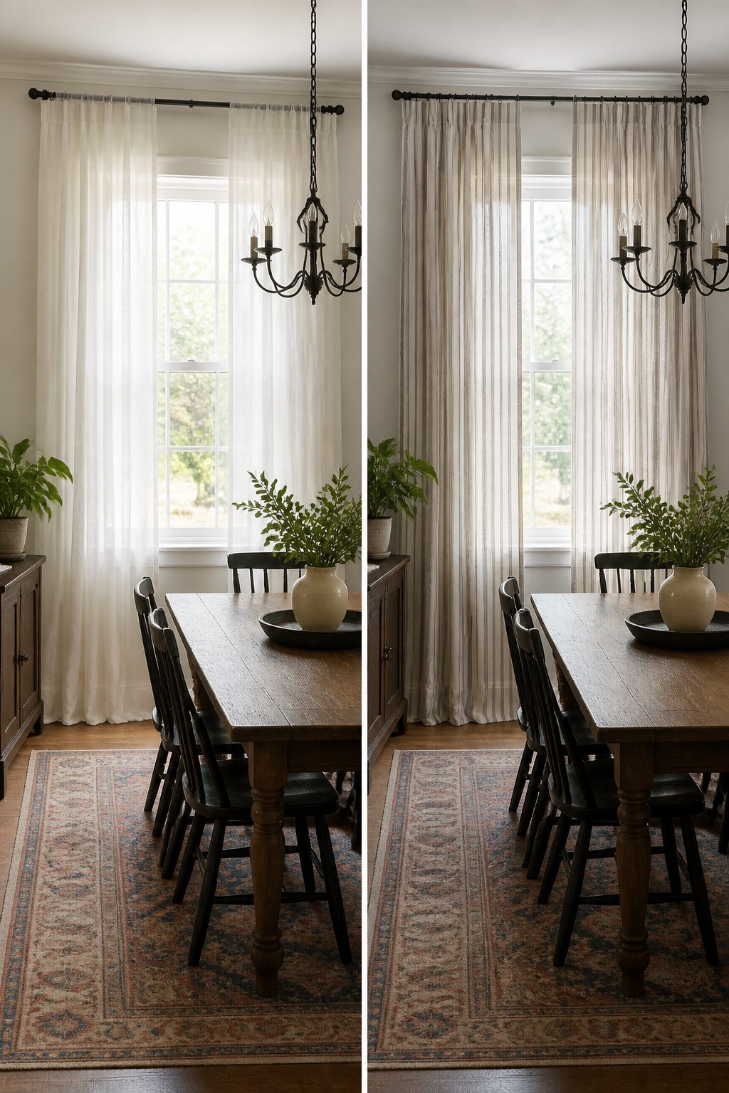 6 Dining Room Curtain Types for Every Occasion (2026) 2 Dining room with plain-weave cotton curtains in warm white.