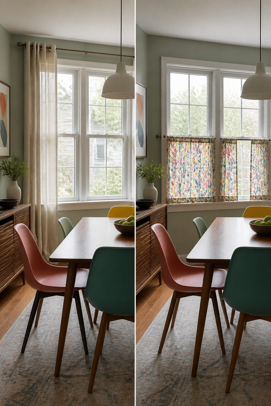 6 Dining Room Curtain Types for Every Occasion (2026) 4 Dining room with short cafe curtains brushing the sill.