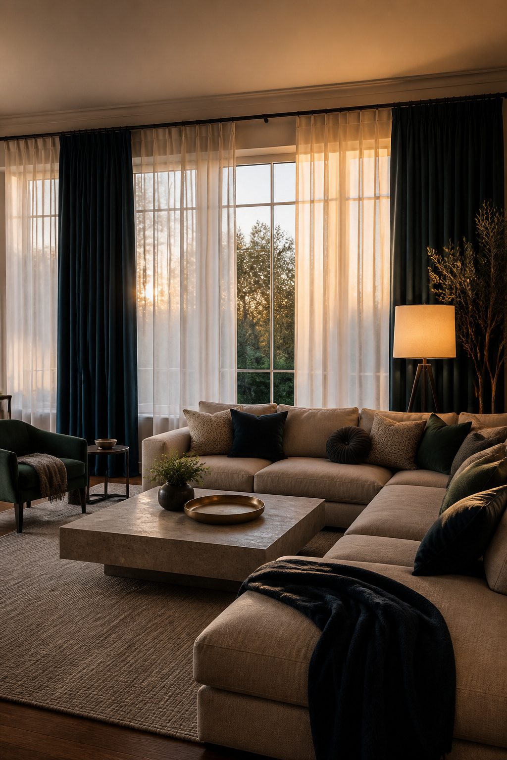 6 Curtain Ideas for Wide Windows (2026) 5 Rich velvet and lighter linen curtains layered in front of a wide window.