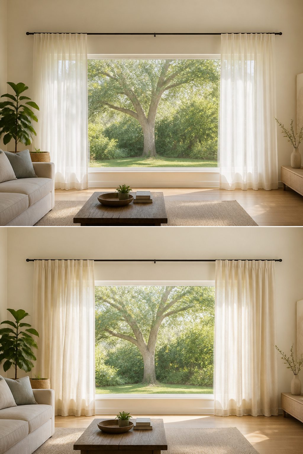 6 Curtain Ideas for Wide Windows (2026) 1 Curtains on either side of a wide window, leaving the center open.