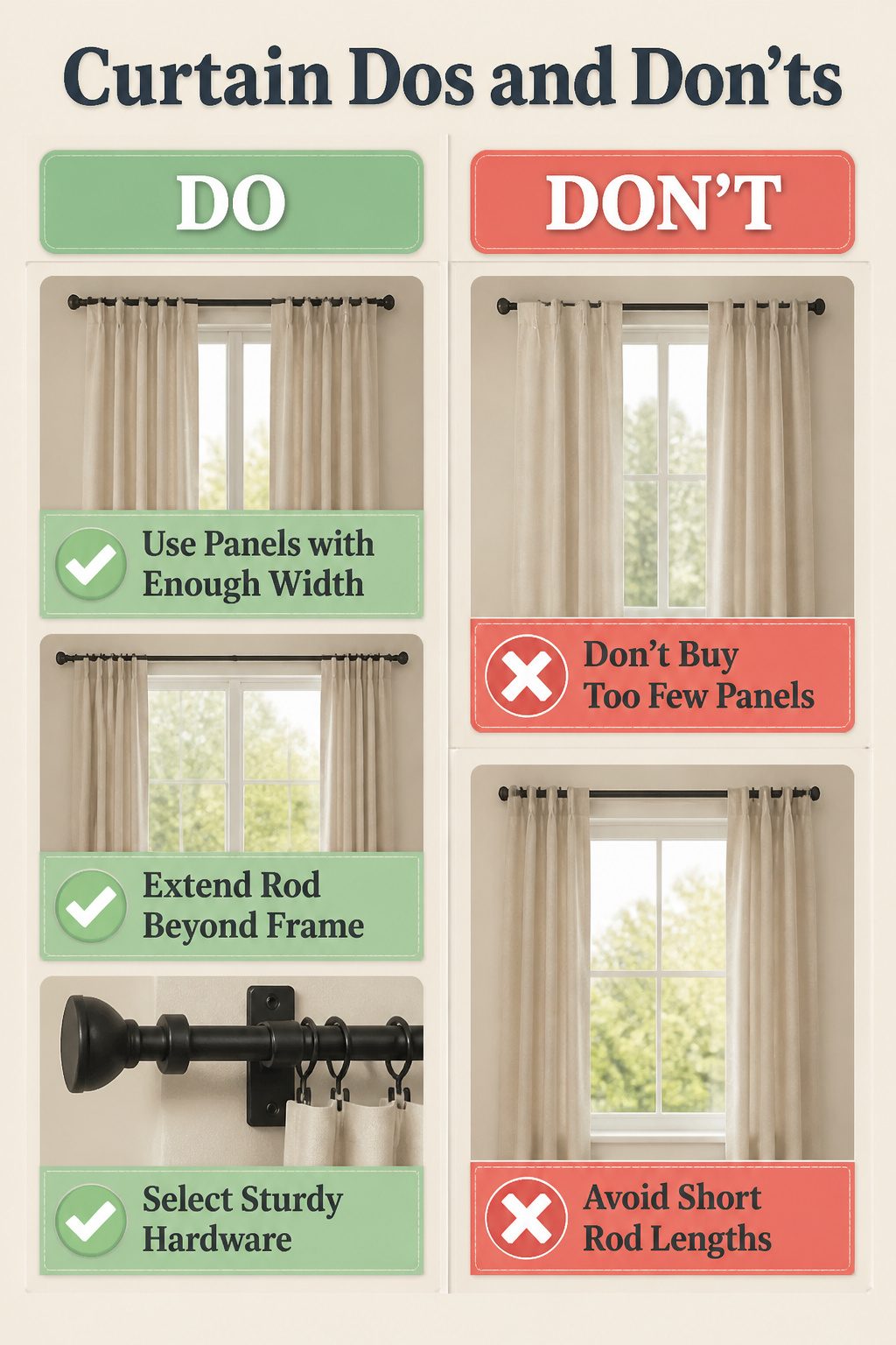 6 Curtain Ideas for Wide Windows (2026) 10 A visual guide showing common mistakes in curtain panel width.