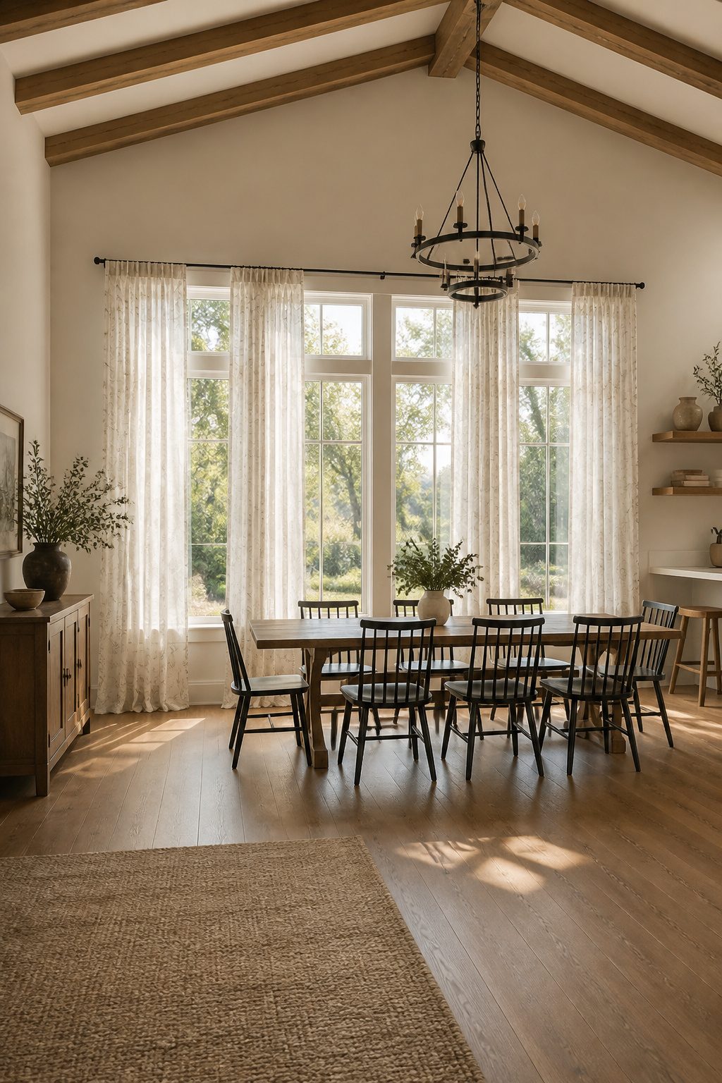 6 Curtain Ideas for Wide Windows (2026) 2 Several narrow curtain panels arranged across a wide window.