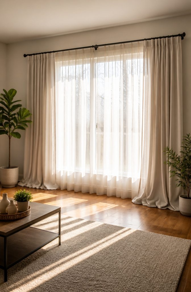 6 Curtain Ideas for Wide Windows (2026) 9 A solid metal curtain rod with brackets installed above a wide window.