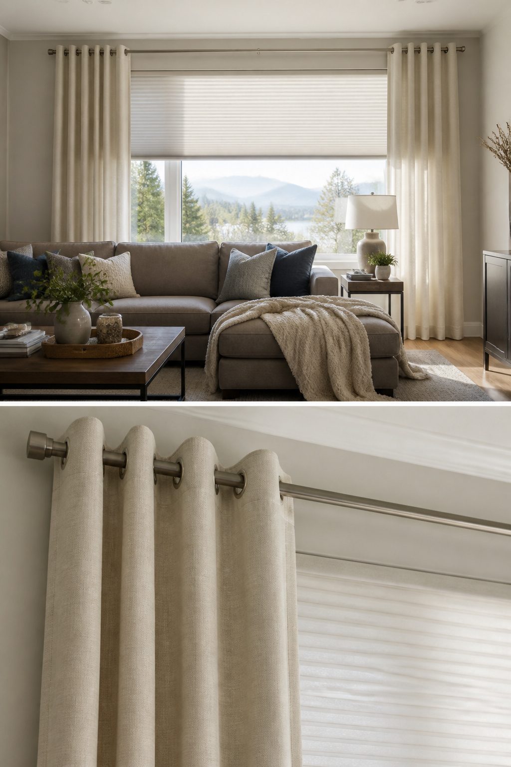 6 Curtain Ideas for Wide Windows (2026) 6 Cellular shades paired with decorative curtains on a wide window.