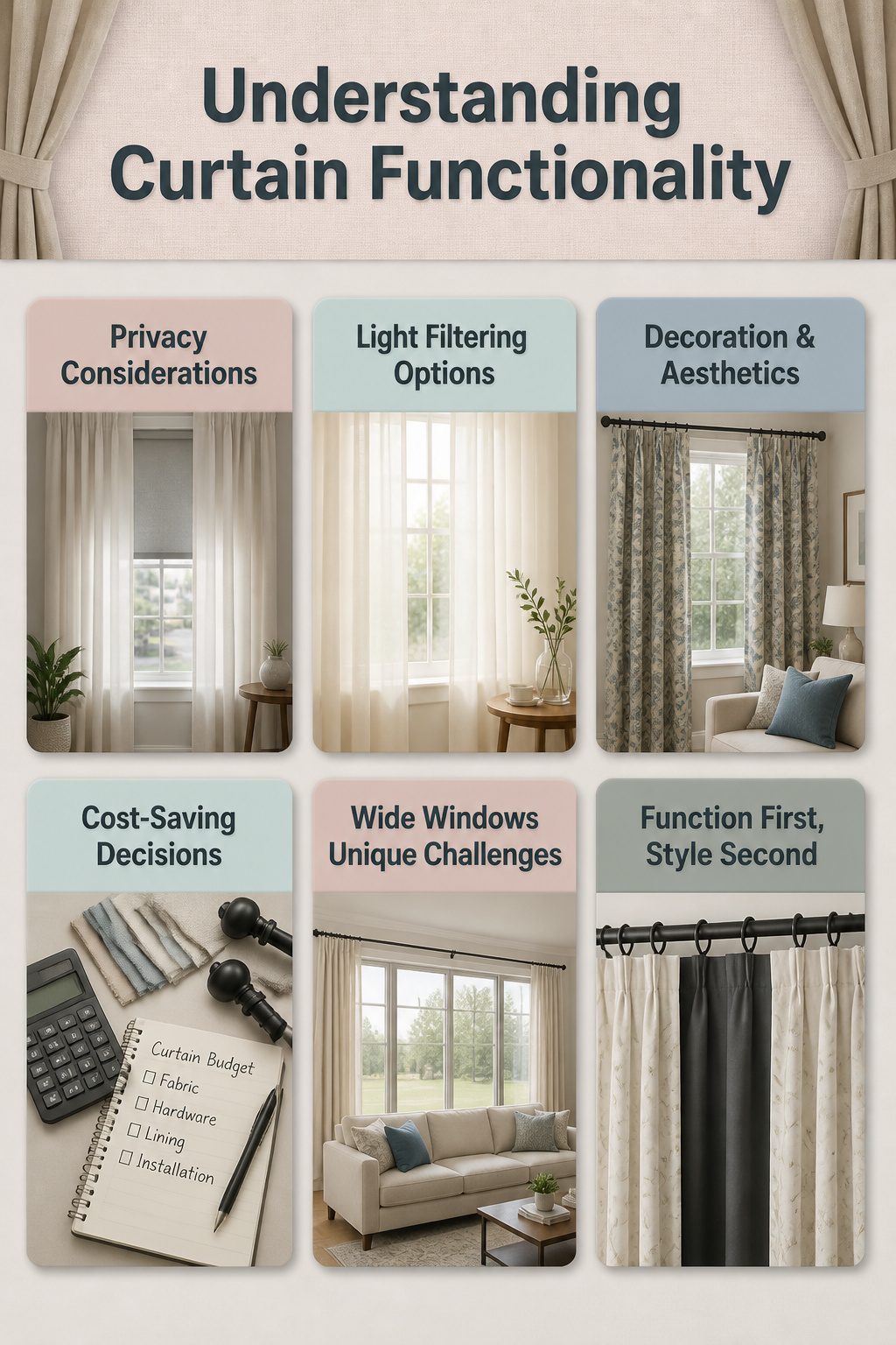 6 Curtain Ideas for Wide Windows (2026) 7 An informative graphic about curtain functionality for wide windows.