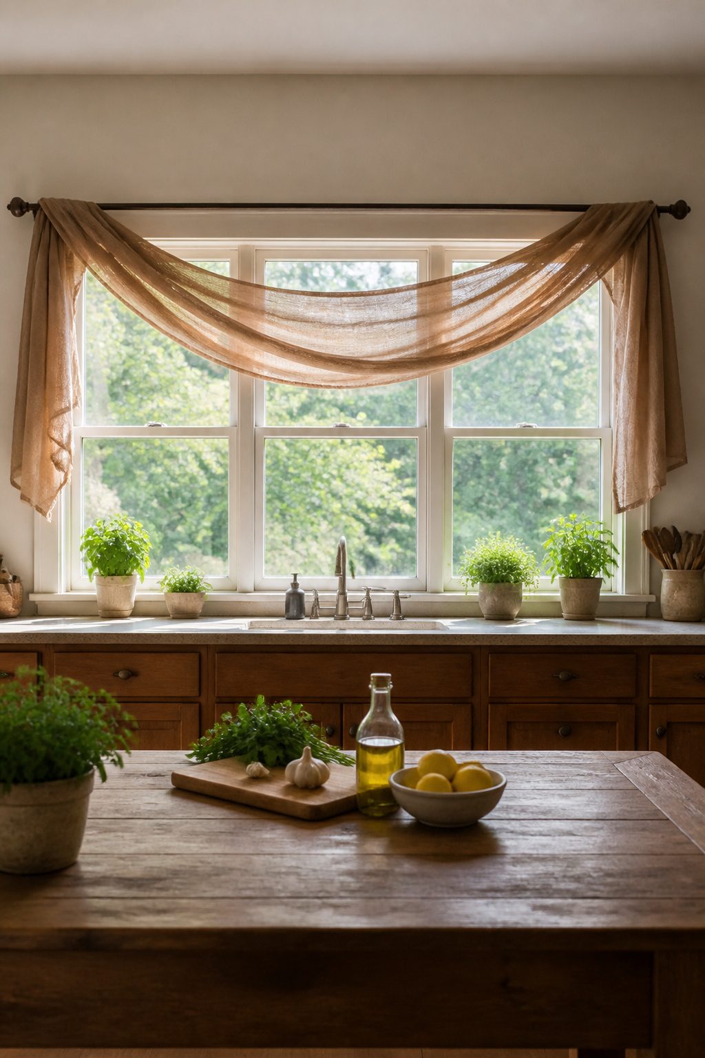 6 Curtain Ideas for Wide Windows (2026) 4 A fabric scarf draped over a rod above a wide window.