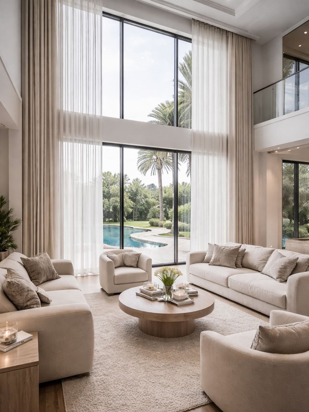 Floor-to-ceiling sheer and beige drapery hanging beside large windows in a modern living room.