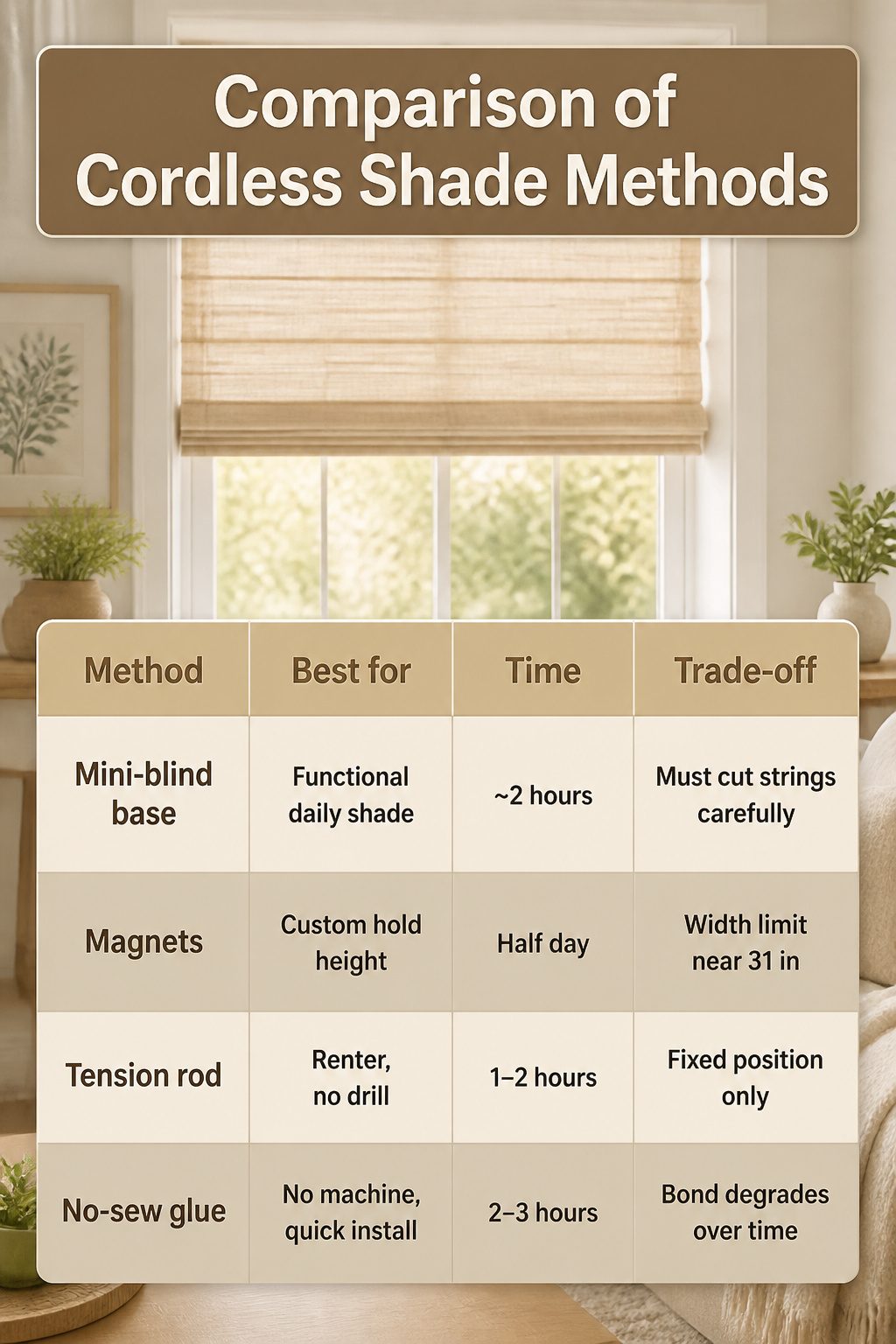 DIY Cordless Roman Shades: How to Make Them in 2026 8 An infographic comparing various cordless shade methods and their costs.