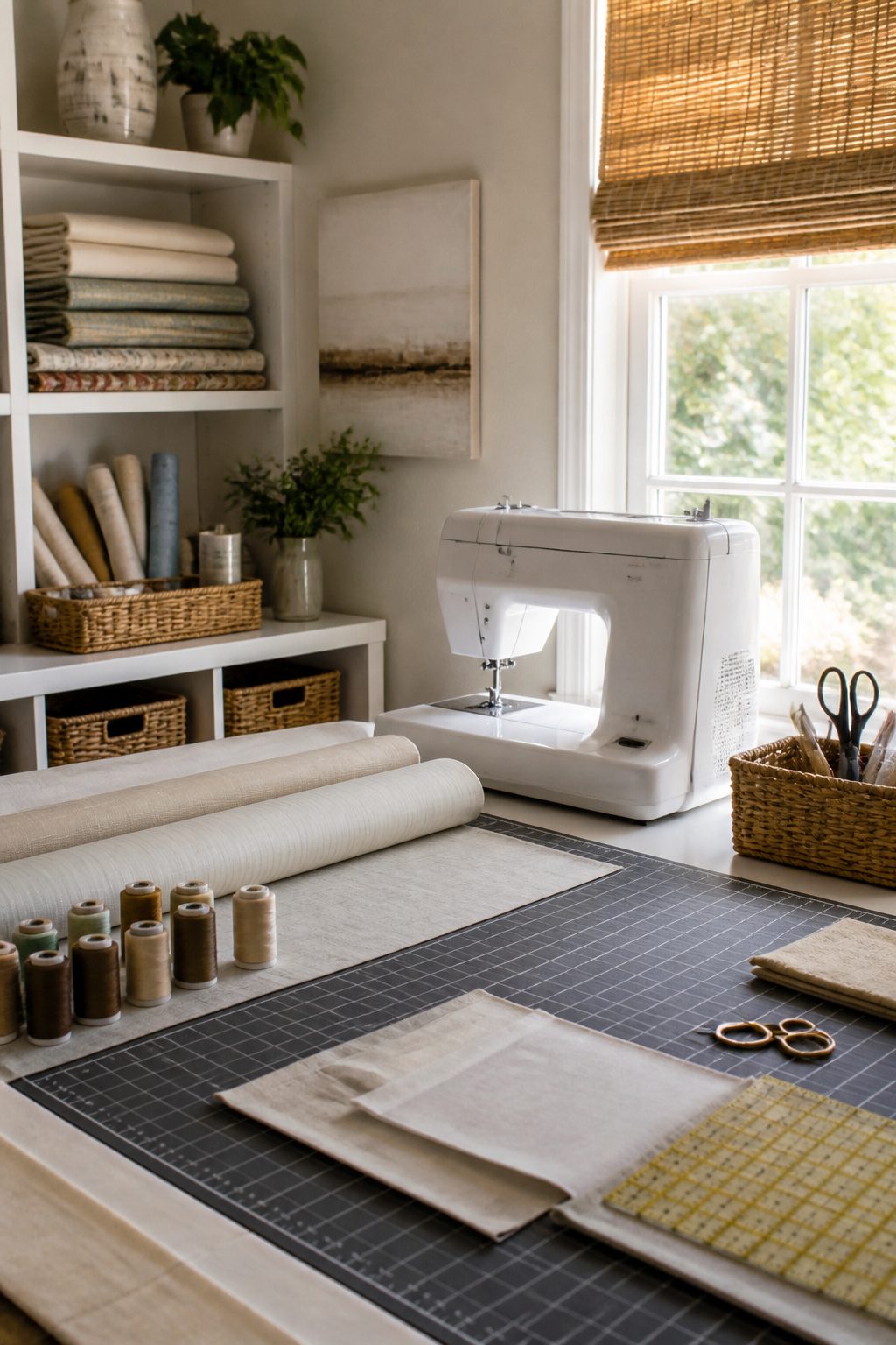 DIY Cordless Roman Shades: How to Make Them in 2026 4 A bright sewing machine surrounded by fabric, scissors, and threads.