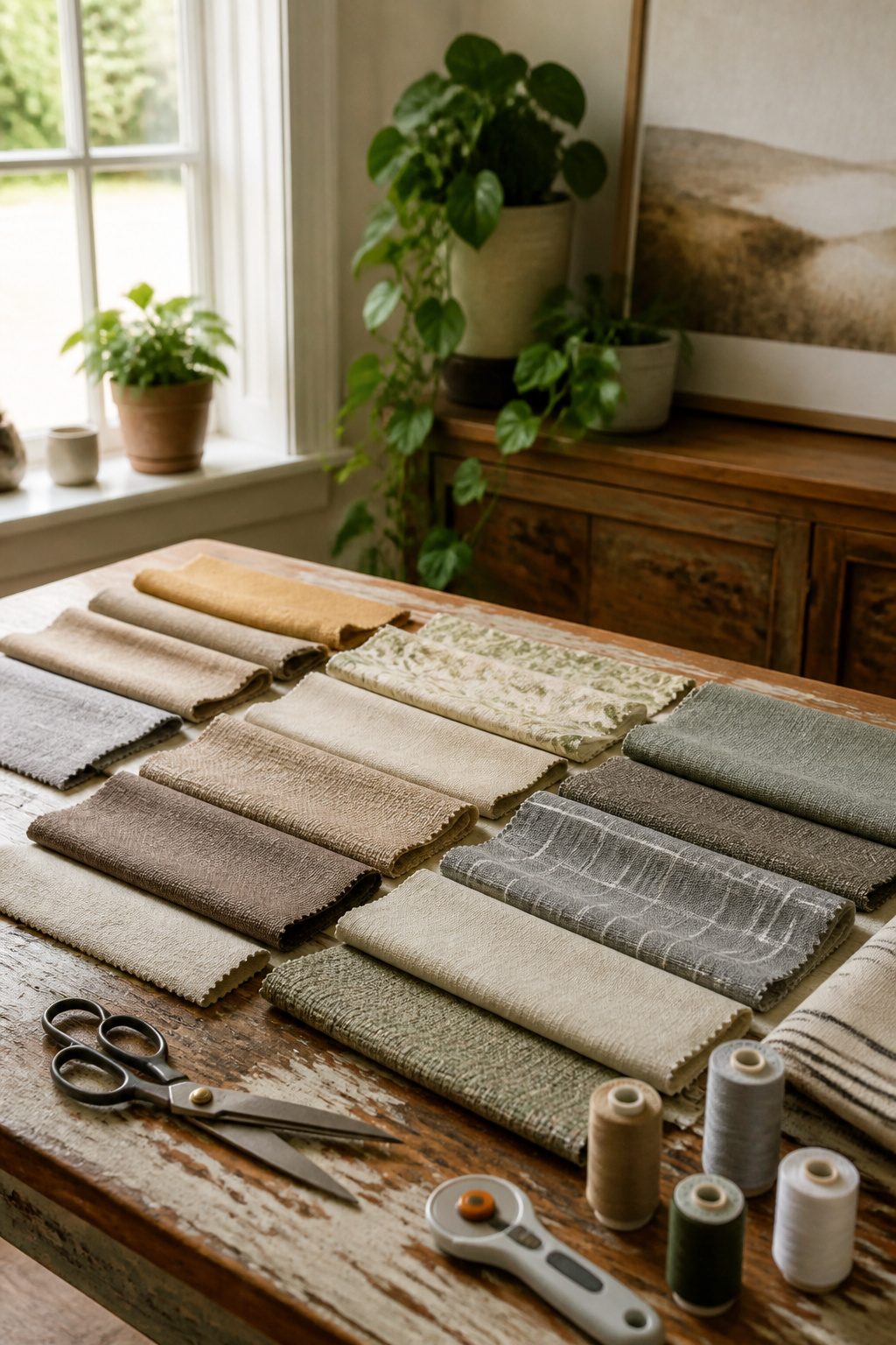 DIY Cordless Roman Shades: How to Make Them in 2026 2 A selection of fabric swatches displayed on a wooden table with tools.