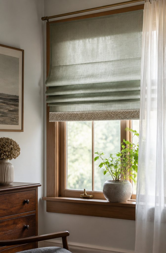 DIY Cordless Roman Shades: How to Make Them in 2026 7 A cordless Roman shade hanging at a window, showing its neat folds.