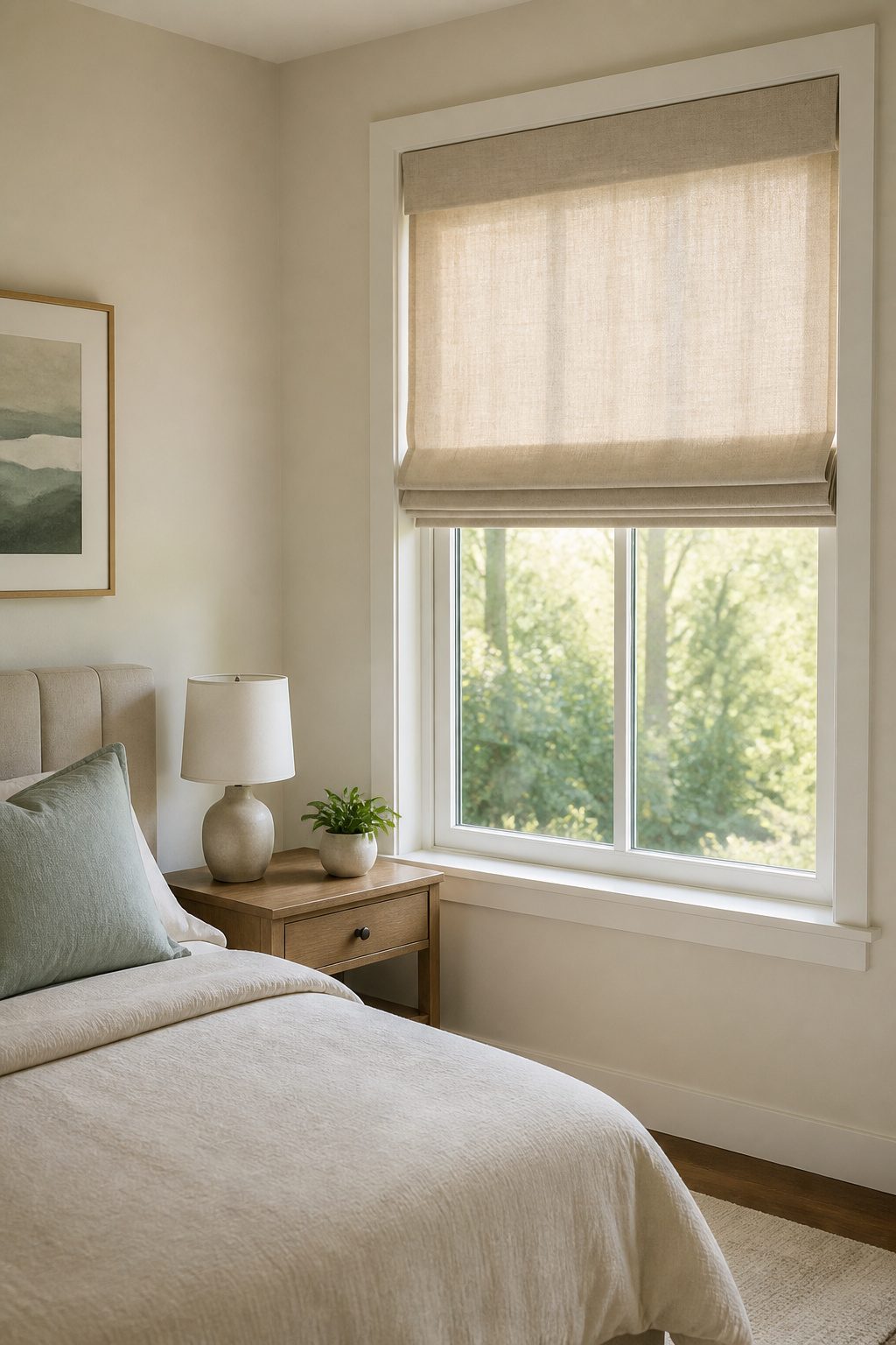 DIY Cordless Roman Shades: How to Make Them in 2026 10 A bedroom window with a cordless Roman shade allowing soft light in.