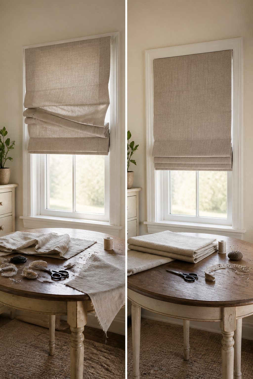 DIY Cordless Roman Shades: How to Make Them in 2026 11 A limp cotton shade hangs poorly, showing collapsed folds.