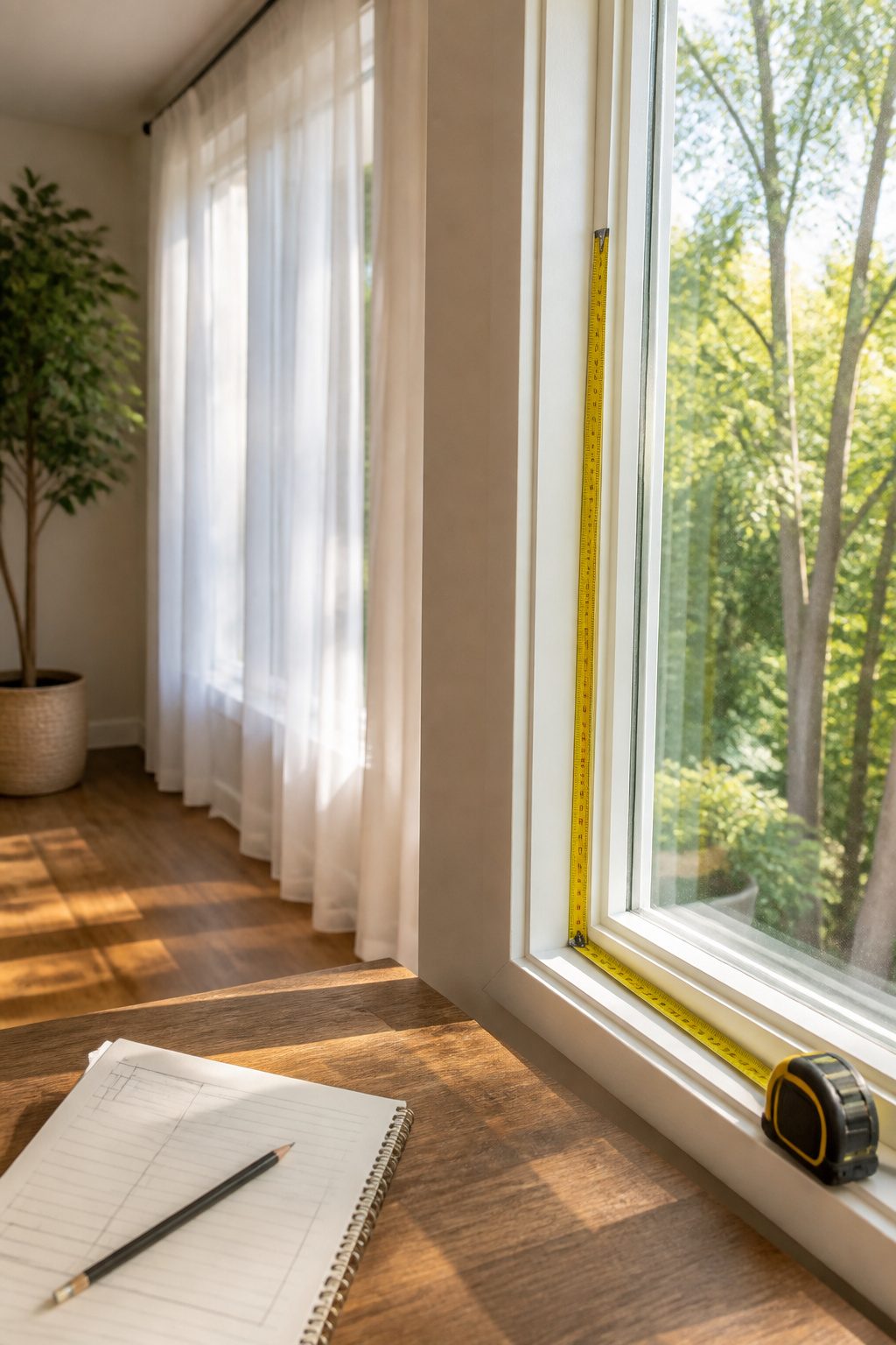 DIY Cordless Roman Shades: How to Make Them in 2026 1 A measuring tape lies next to a window frame with marked measurements.