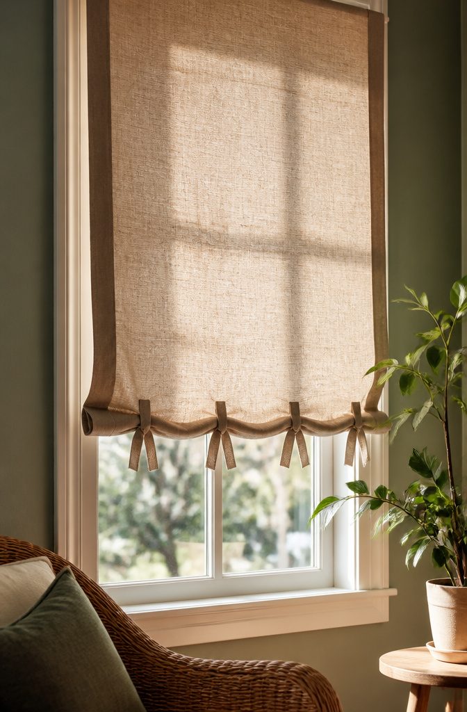 A close-up of a finished fabric shade with hem and decorative ties.