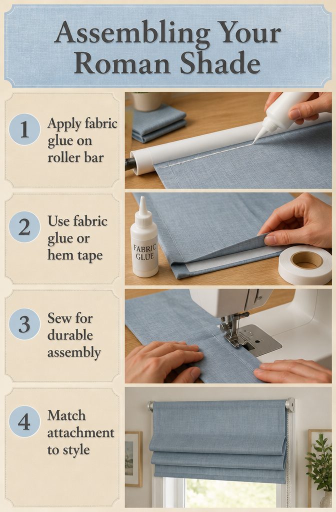 An illustration of the assembly process for a Roman shade.