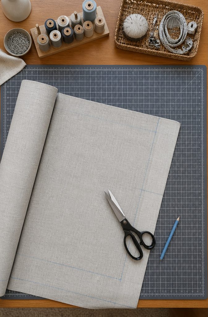 Fabric laid out for cutting, with a rotary cutter and measuring tools.