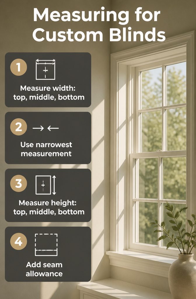 An illustration showing how to measure for custom blinds at three points.