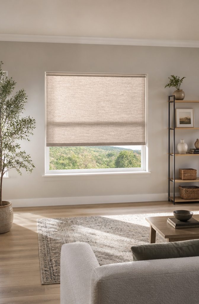 A photograph showing the installation process of custom blinds in a window.