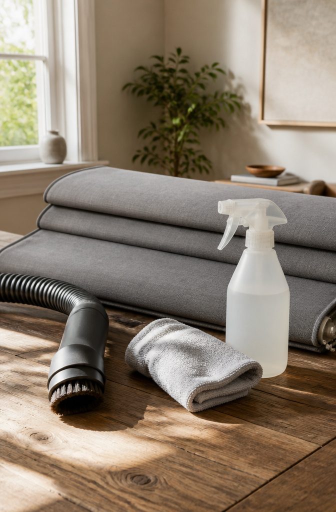 Maintenance tools for fabric shades displayed on a wooden table.