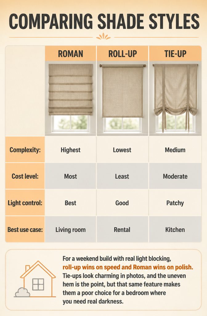 An illustration comparing Roman, roll-up, and tie-up shade styles.